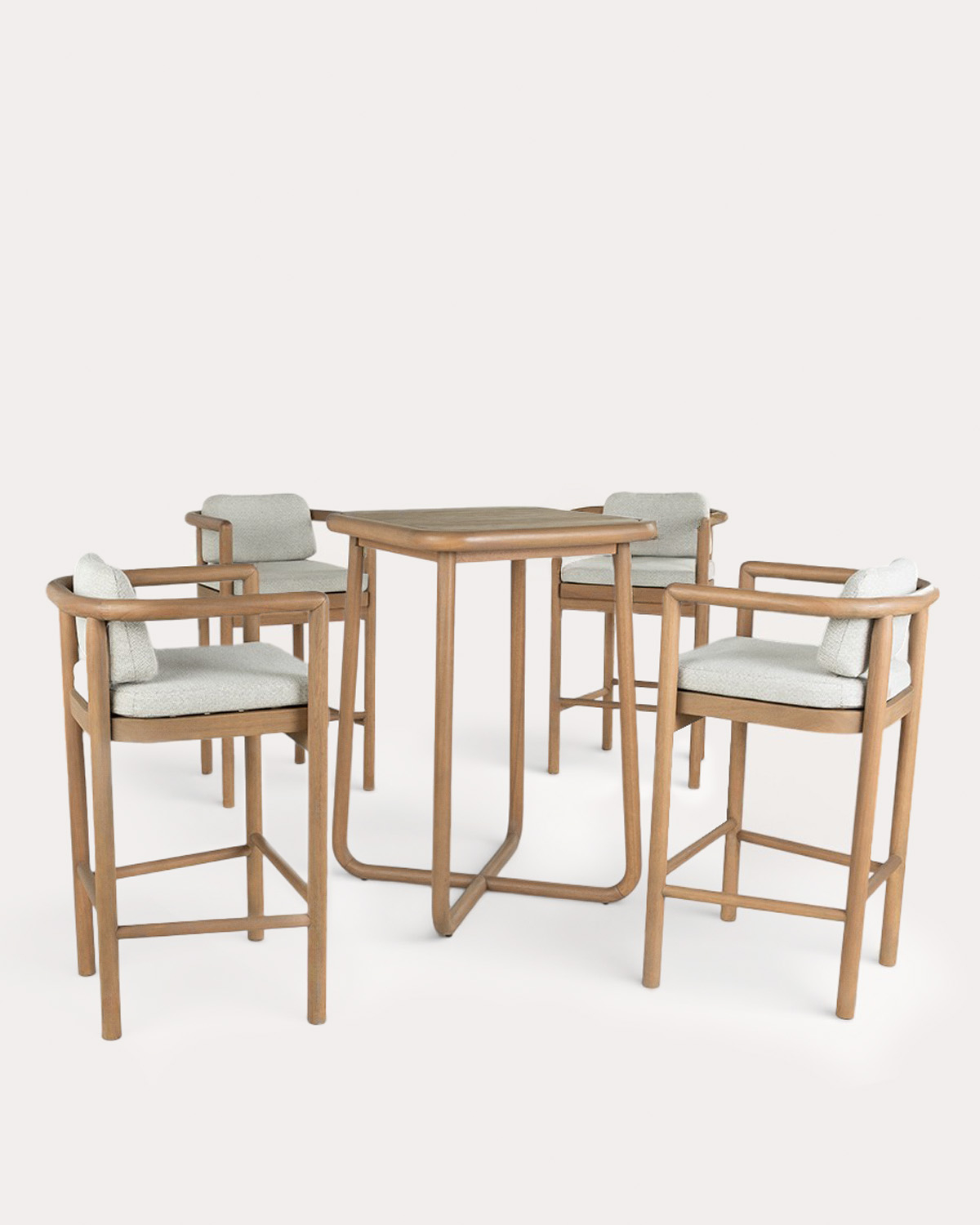 Elnes - Set de Mesa Alta (70x70 cm) y 4 Taburetes Altos de Madera de Eucalipto y Tela de Exterior Elnes