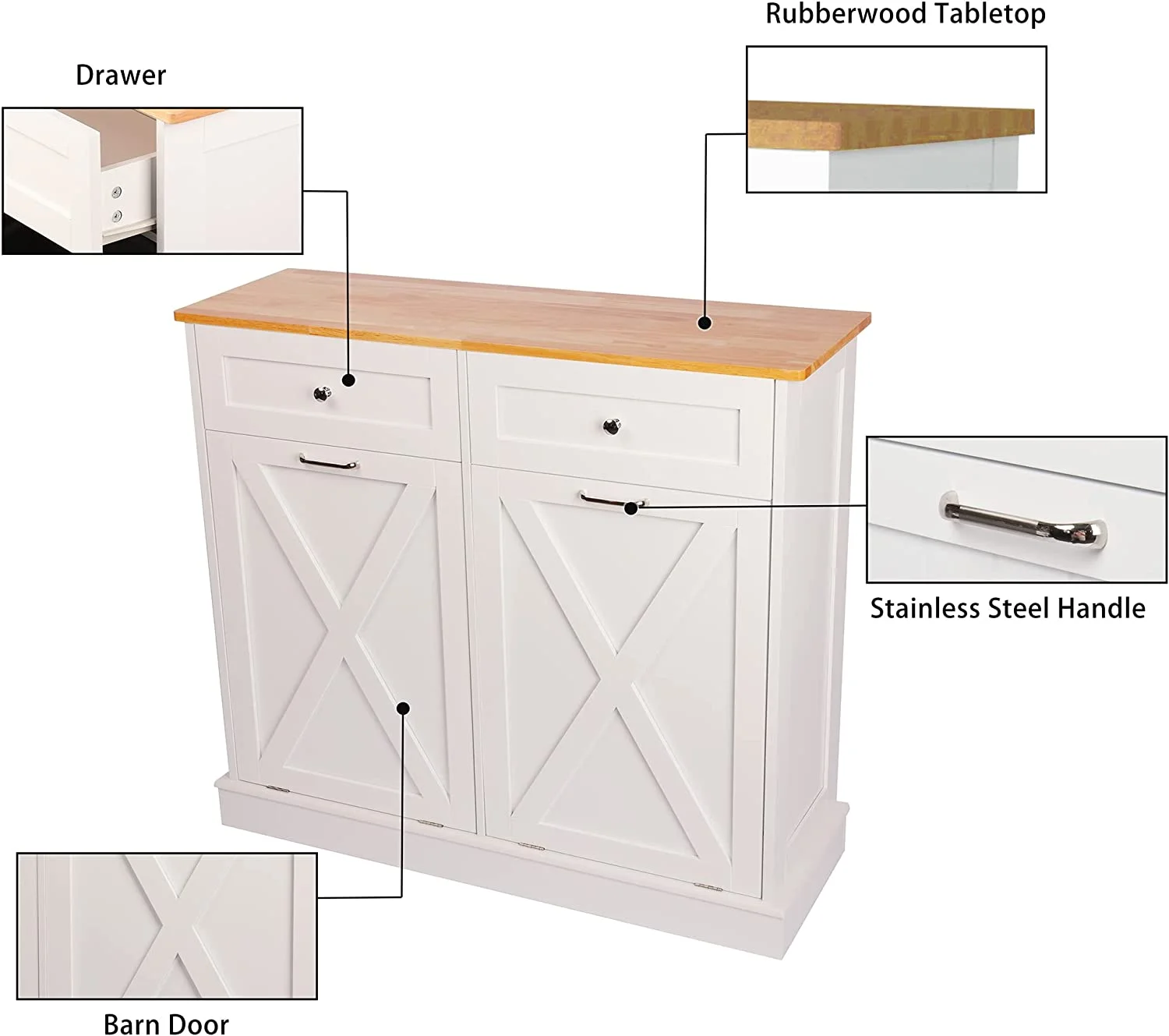 Tolead Double Tilt Out Trash Cabinet, Wooden Free Standing Laundry Sorter Cabinet, with Hideaway Drawer, White