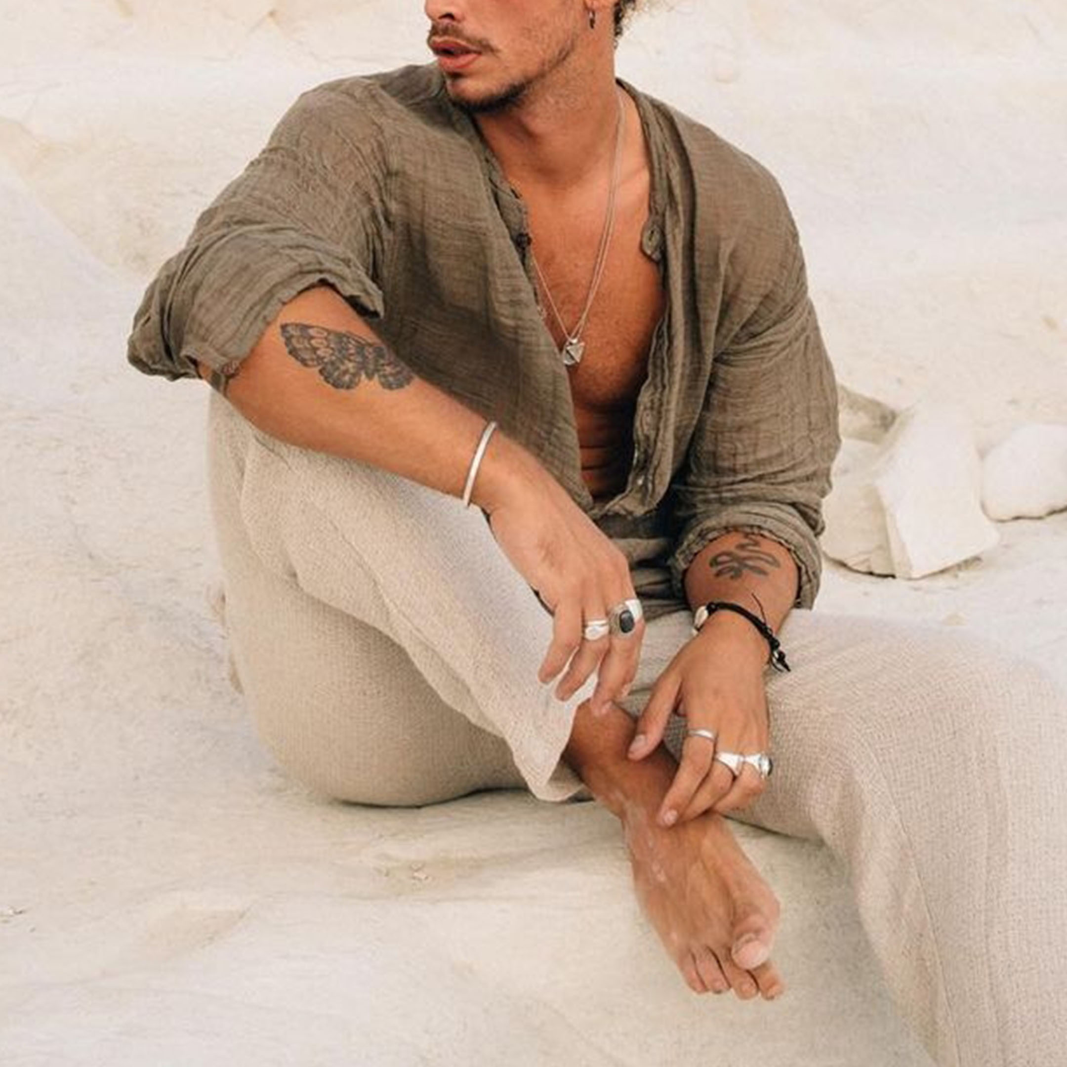 Chemise à manches longues en lin pour homme, design simple