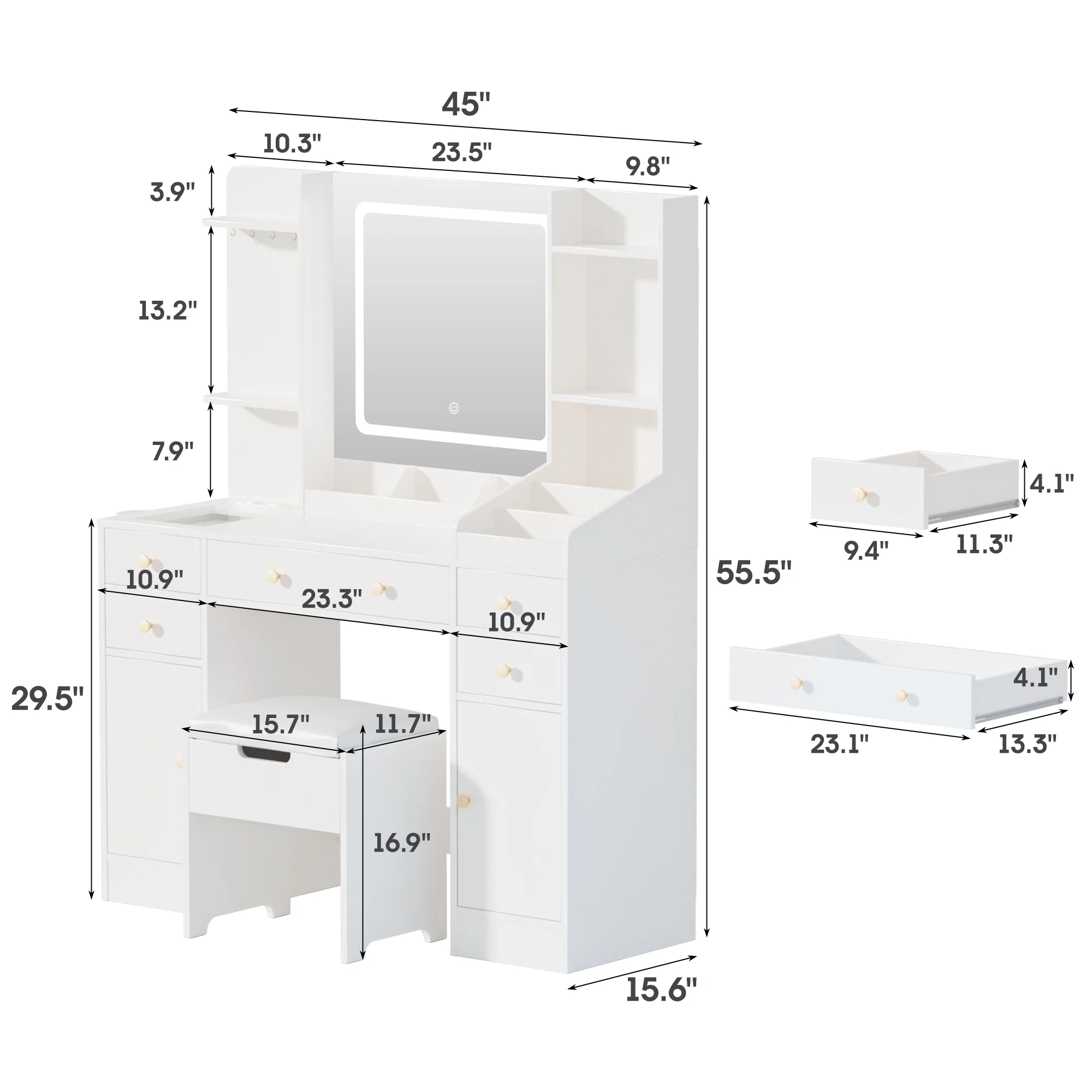 Vanity Set with Mirror and Lights, Makeup Table with Charging Station,5 Drawers Storage Shelves, White(white) - Image 9