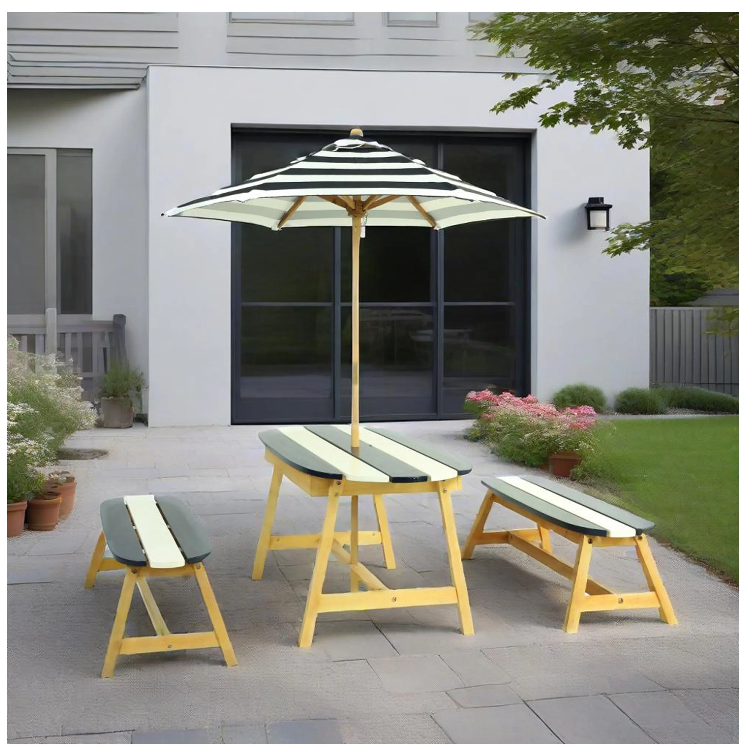 Kids Picnic Table with Umbrella - Dark Blue, Indoor/Outdoor Wooden Table and Bench Set for 4 Children, Play Table for Toddlers, Garden Furniture