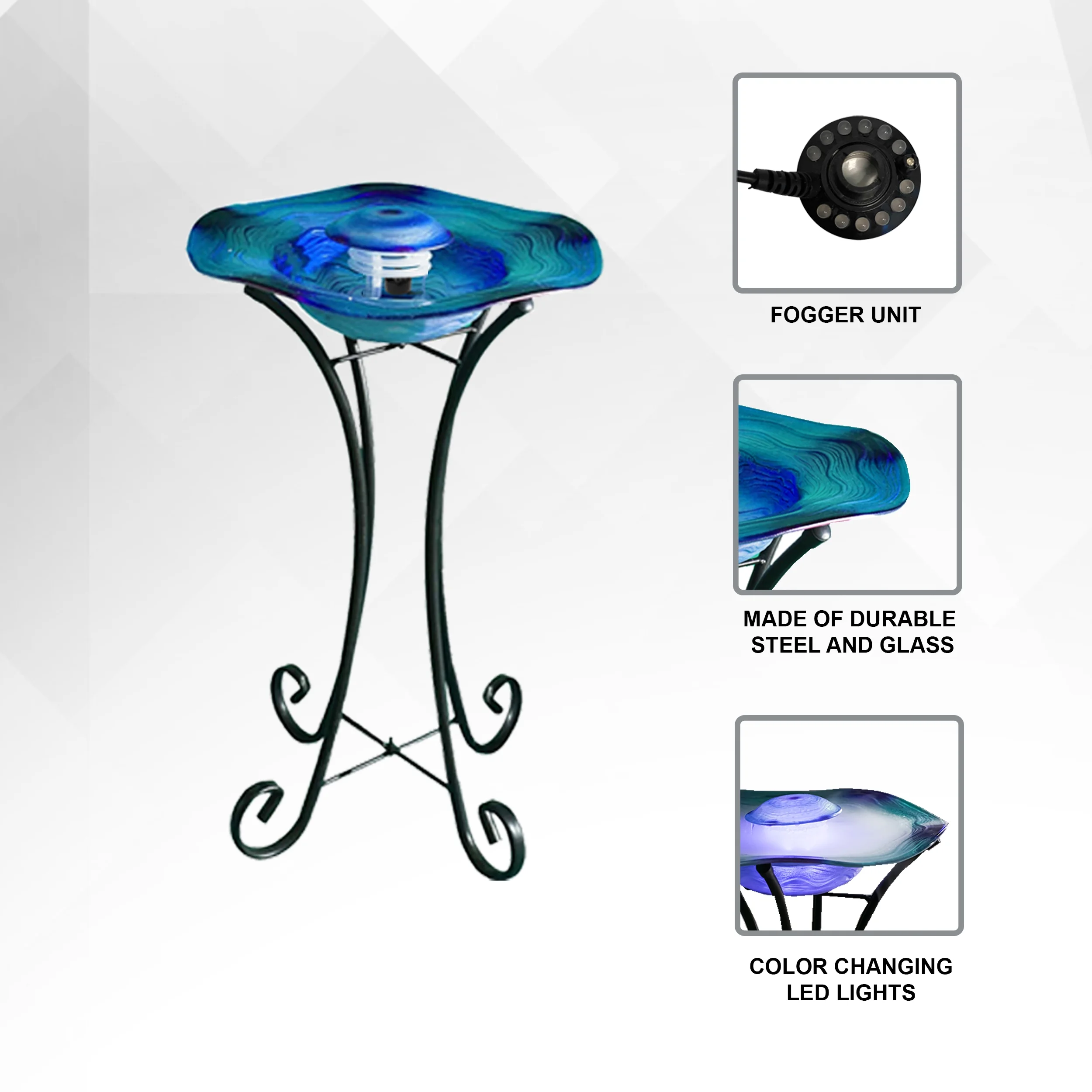 27in Tall Floor Mist Fountain with 12 Color Changing LED Lights and Inline Control Blue Glass and Metal Design, Blue Freestanding Mist Fountain, Indoor Mist Fountain - Image 9