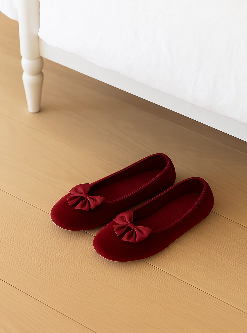 Chaussons ballerines femme en coton rouge bordeaux