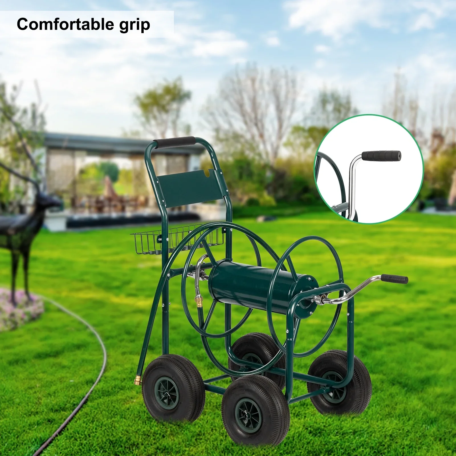 Winado Yard Garden Water Hose Reel Cart Iron Four-Wheel Pipe Truck Dark Green