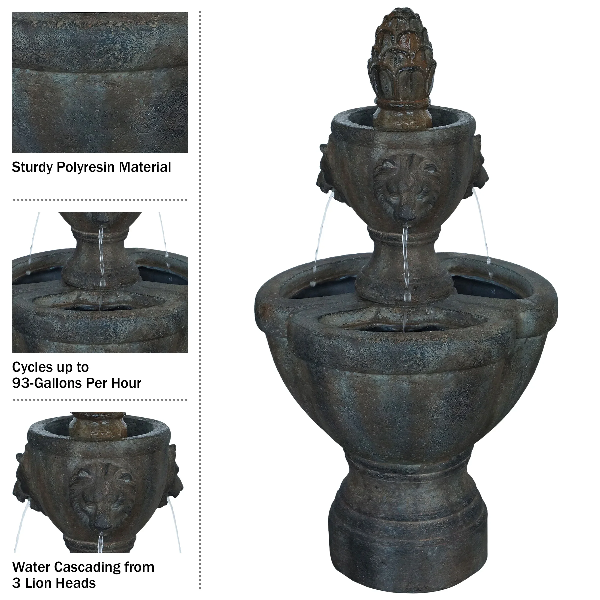 Pure Garden Polyresin Lawn and Garden Water Fountain with Lion Head Detail