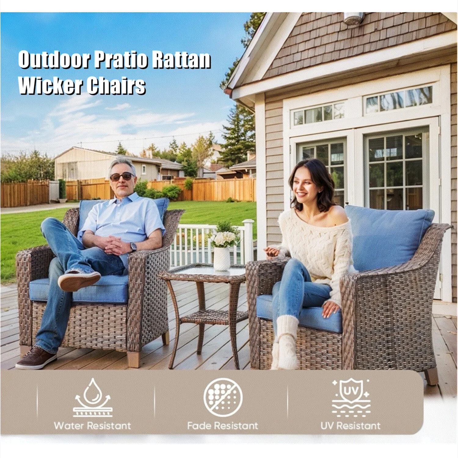 Bellefurn Outdoor Wicker Patio Chairs Set of 2 with Side Table, All - Weather Wicker Rattan Chairs Patio Furniture Chairs for Porch Balcony Backyard Yard Deck