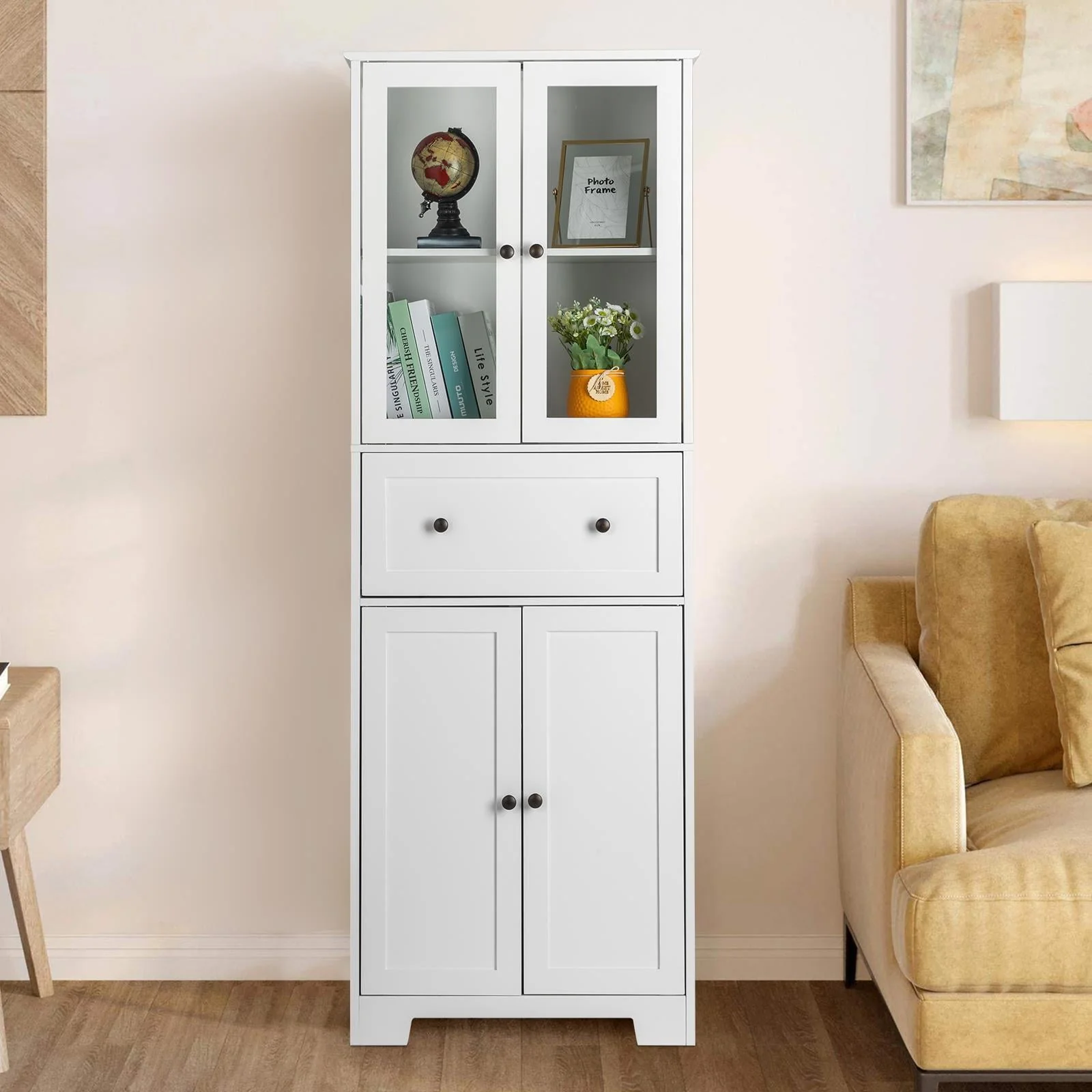 Ktaxon 64" Tall Bathroom Storage Cabinet Organizer, Freestanding Kitchen Pantry Cabinet Line Tower with 2 Glass Doors, Large Drawer 4 Adjustable Shelves for Dining Room Living Room Home Office,White Image 10