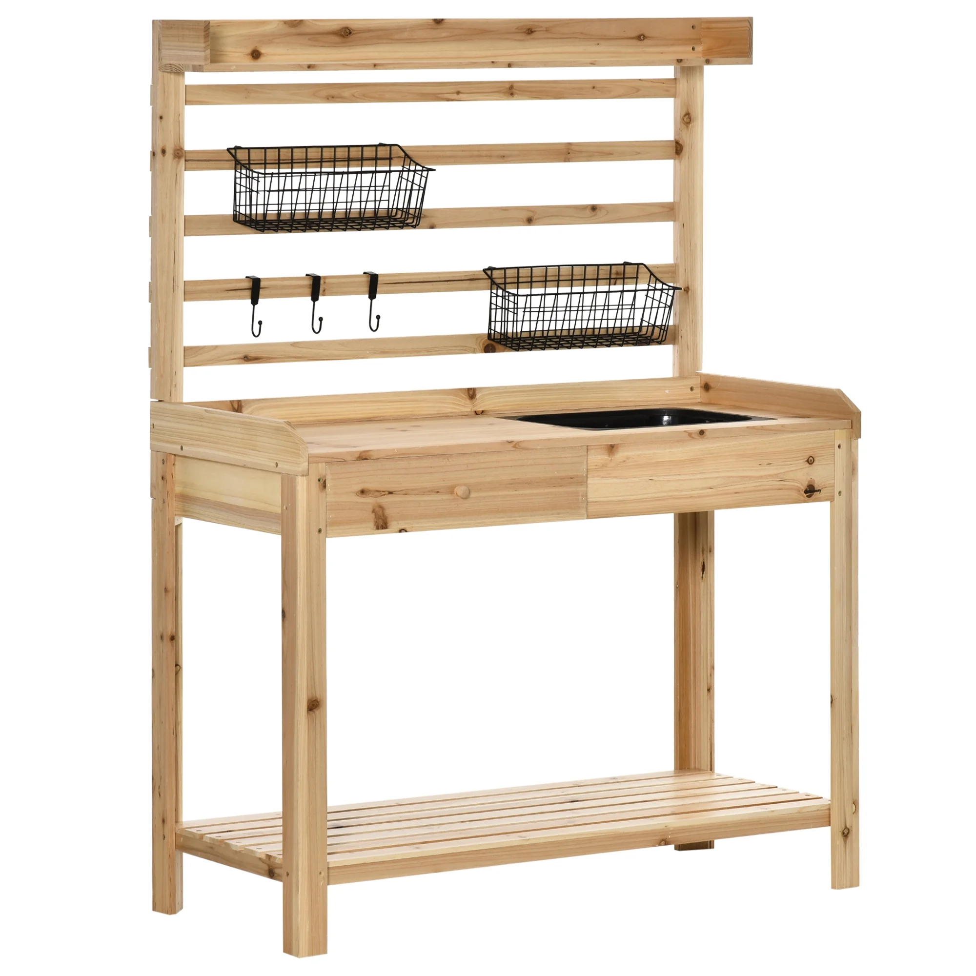 Potting Bench Table, Garden Work Bench, Workstation with Metal Sieve Screen, Removable Sink, Additional Hooks and Baskets for Patio, Courtyards, Balcony, Natural(Natural wood finish) - Image 2