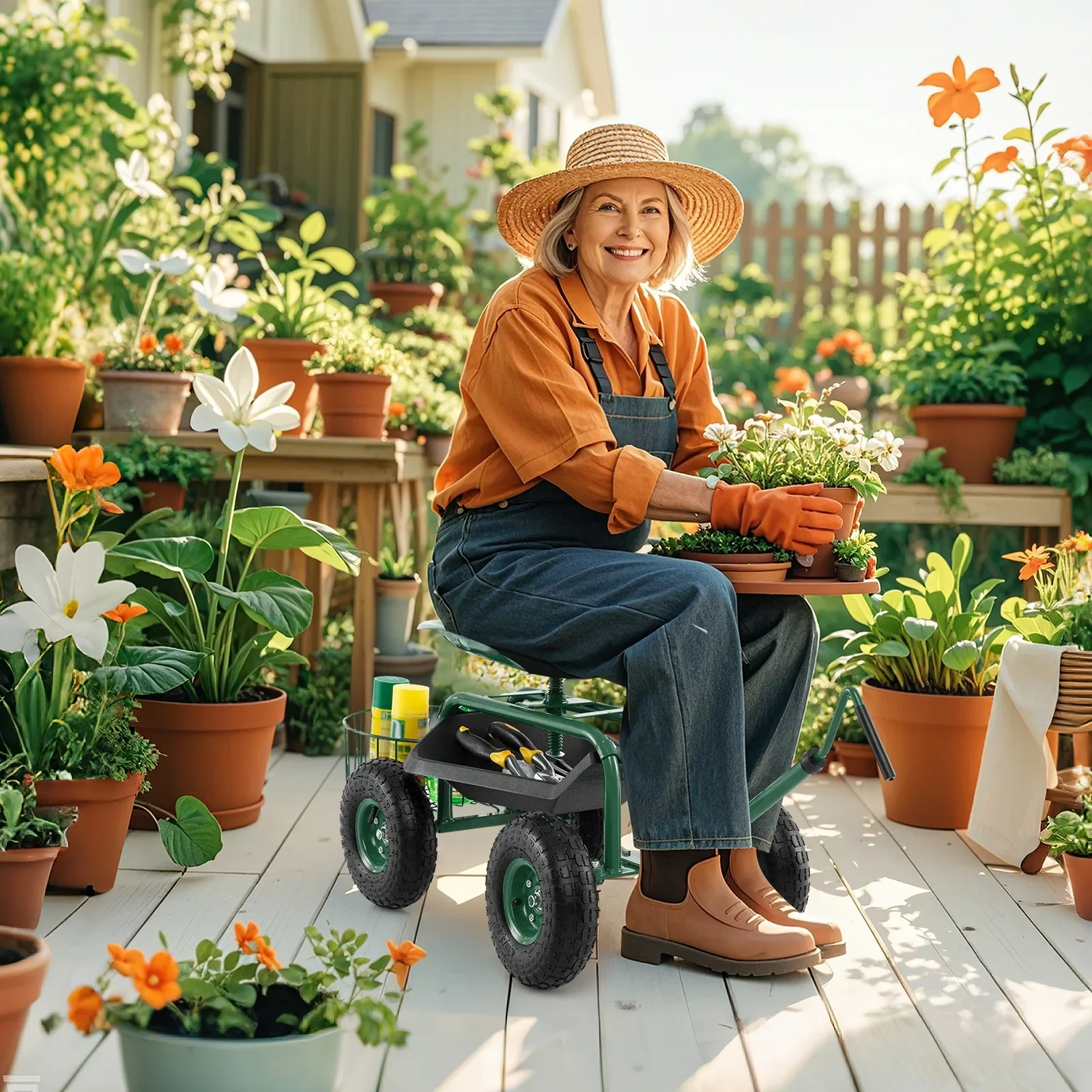 Costway Garden Cart Rolling Work Seat for Planting with Extendable Handle Green