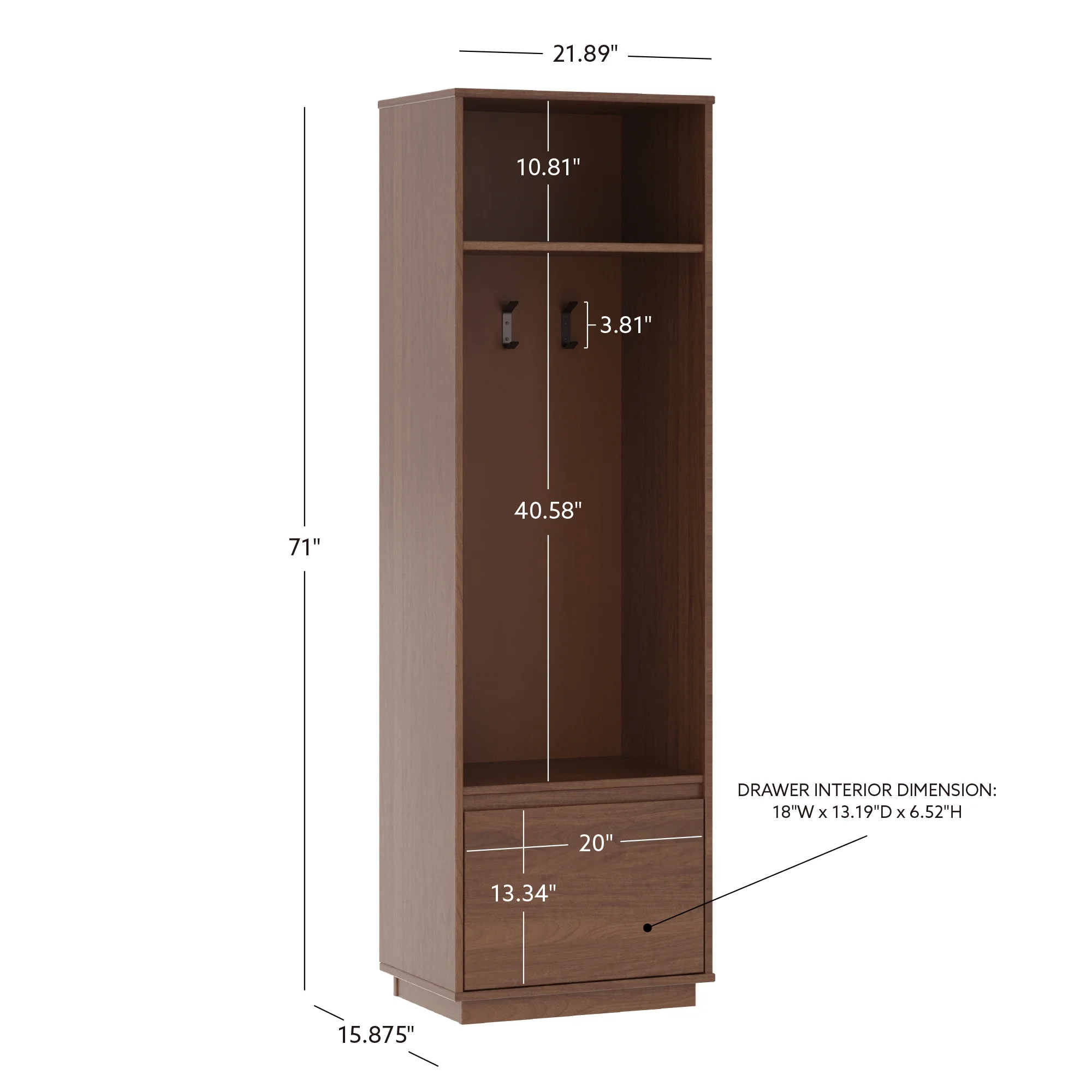 Linon Winston Mid-Century Hall Tree with Cubby and 3 Hooks, Walnut