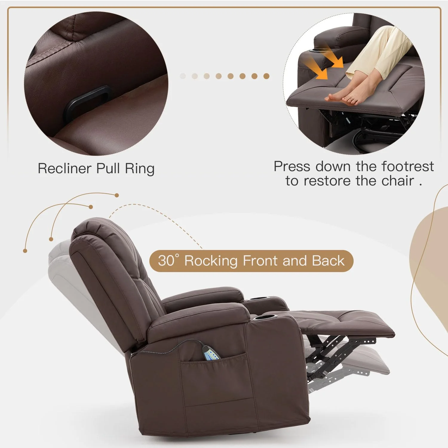 AECOJOY Massage Recliner Manual Chair with Heating & 360° Swivel Rocking Function, Brown