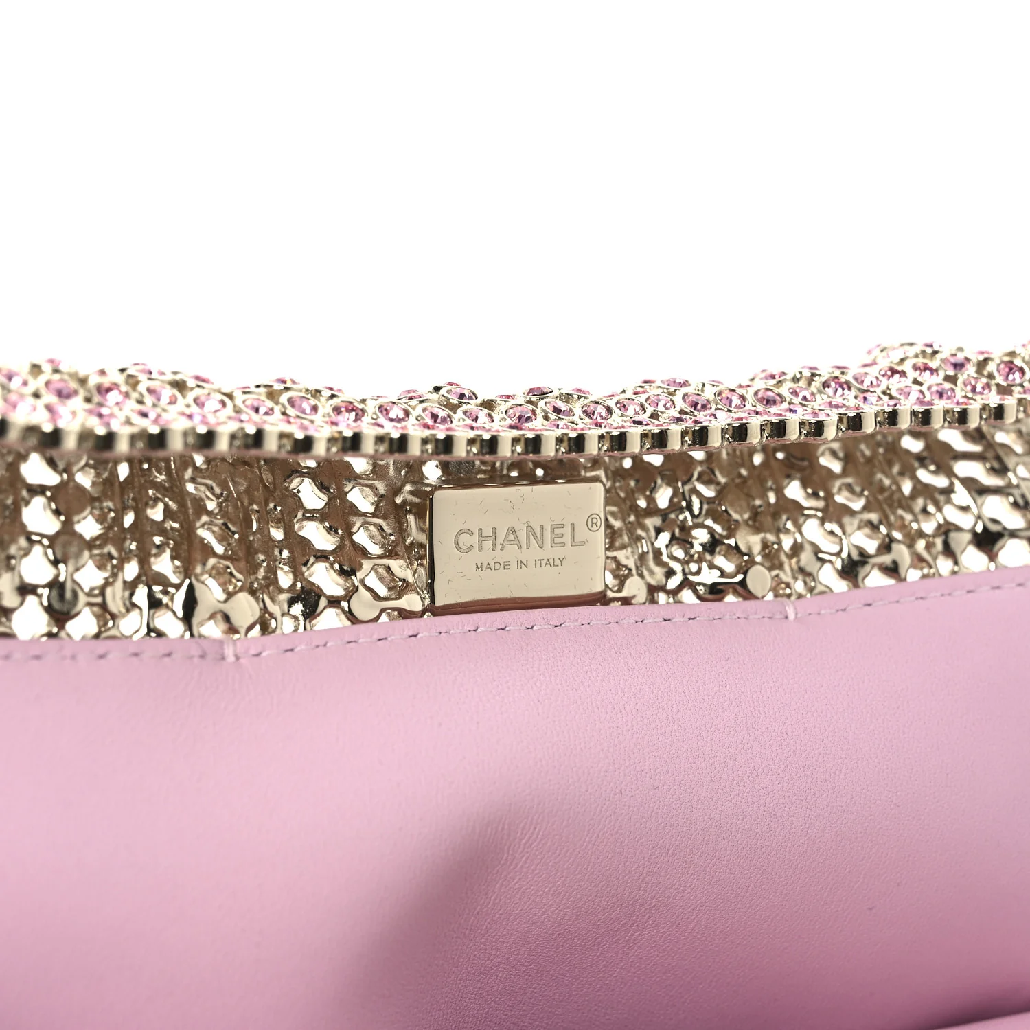 Crystal Embellished Metallic Lambskin Mini Chanel 22 Light Pink