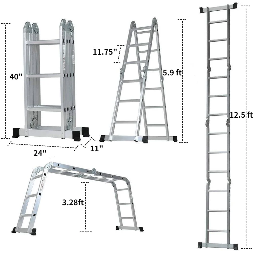 12.5ft 7 in 1 Multi-Purpose Scaffold Ladder, Folding Aluminium Extension Ladder, EN 131 Standard, 330lbs Capacity - Image 3