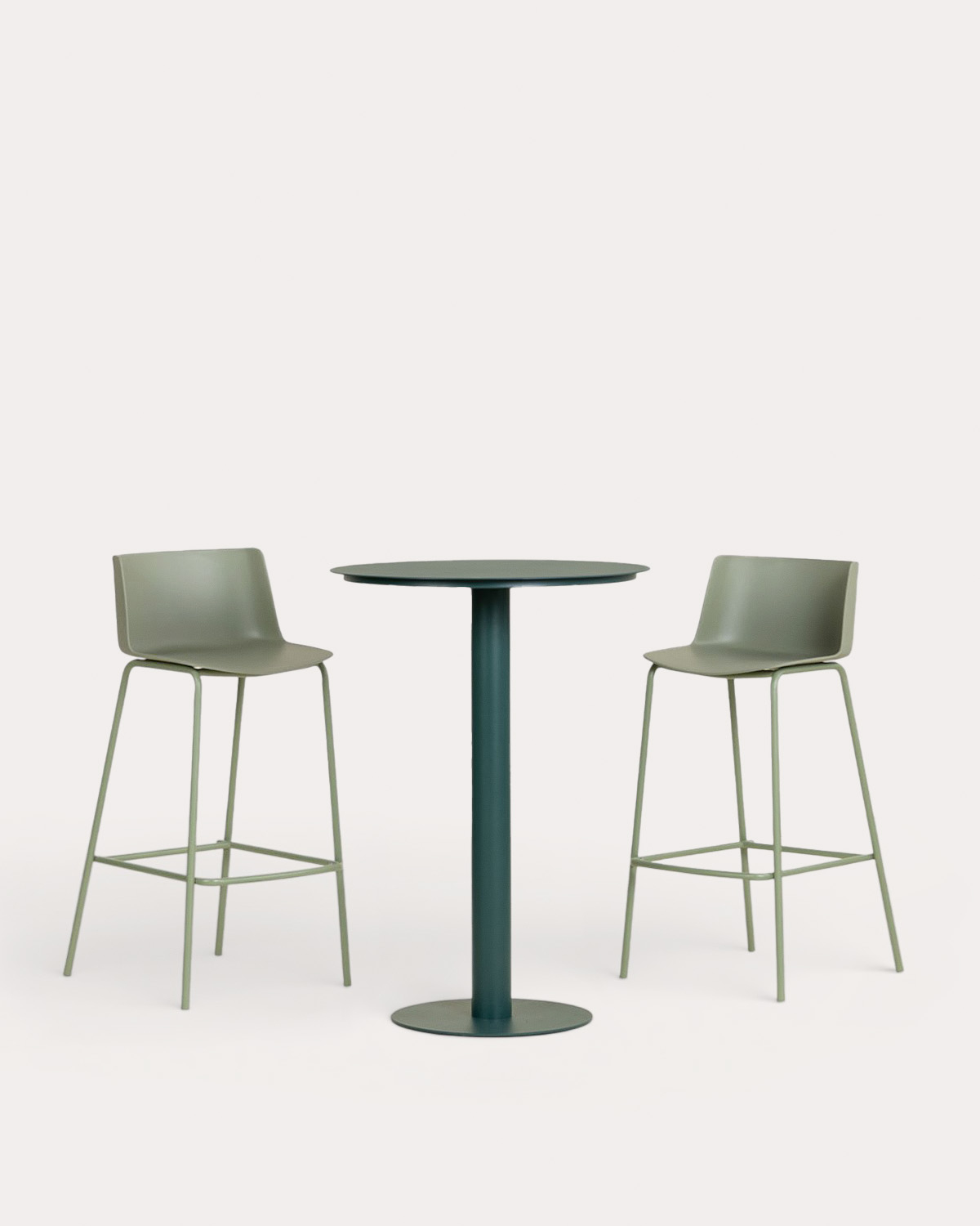 Set Banon - Meivy - Set de Mesa Alta Redonda de Metal (Ø70 cm) Banon y 2 Taburetes Altos de Polipropileno (74 cm) Meivy de Exterior