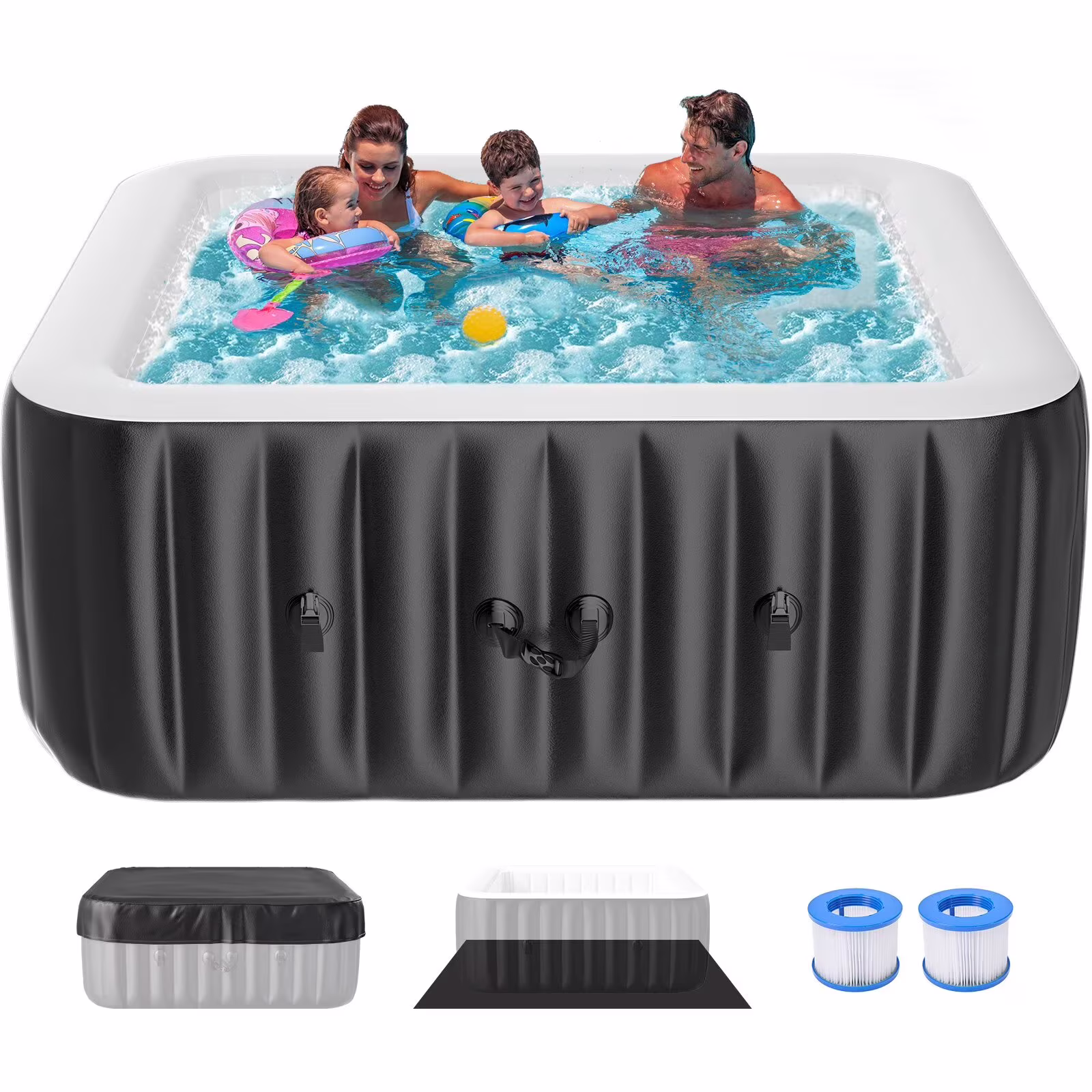 Sunyrisy 4 - 6 Person Inflatable Hot Tub, Square Blow up Portable Hot Tub, Leak - Proof PVC Outdoor Spa with 130 Strong Air Jets, Heater Pump and Insulated Cover, 73 X 73X 25