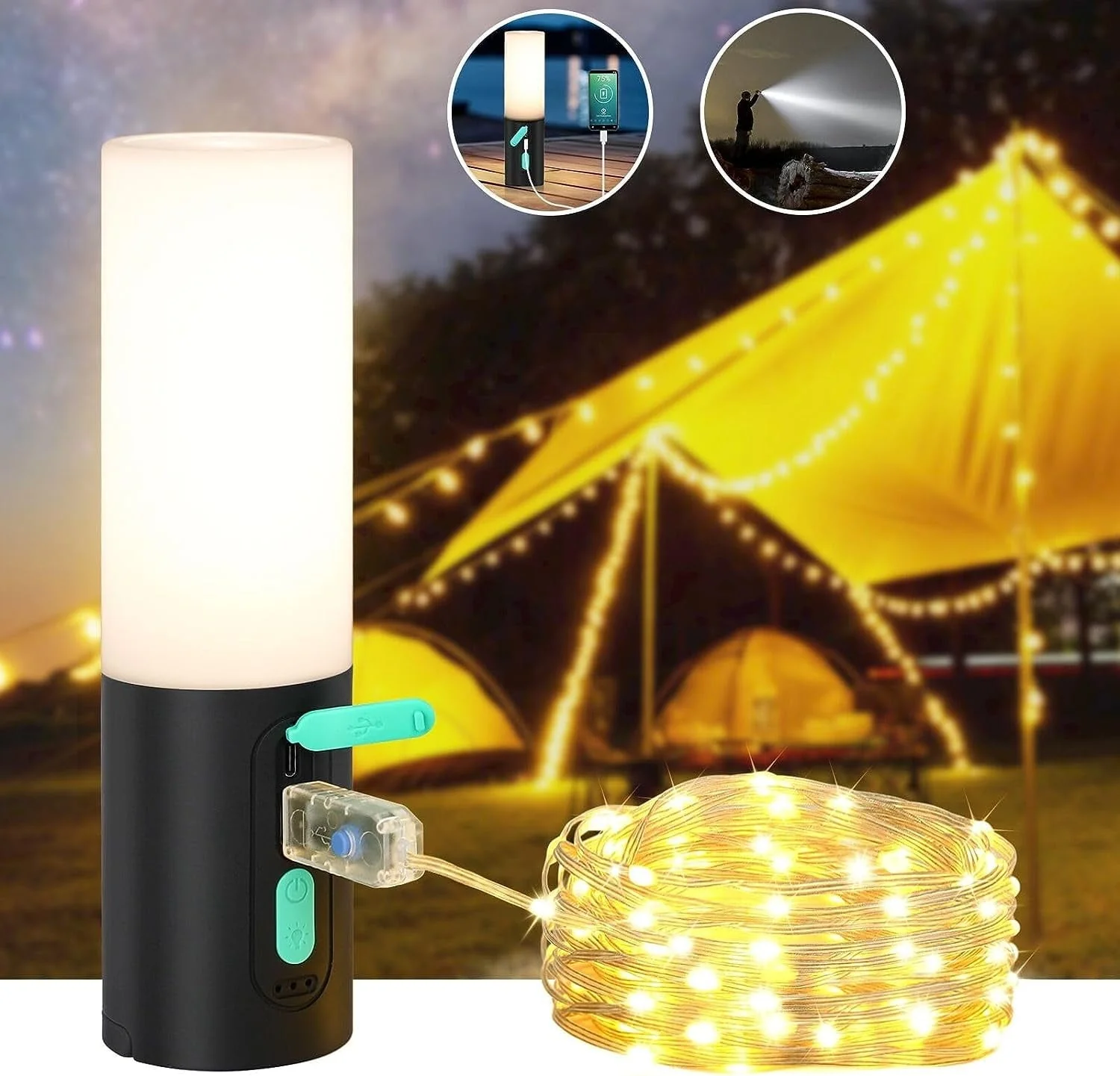 4-in-1 Multifunction Camping Light, 4000mAh Power Bank for Charging, IPX6 Waterproof LED Flashlight, 33ft 100 LED USB Powered String Fairy Lights for Outdoor Tent, Bedroom, Party, Hiking,Wedding