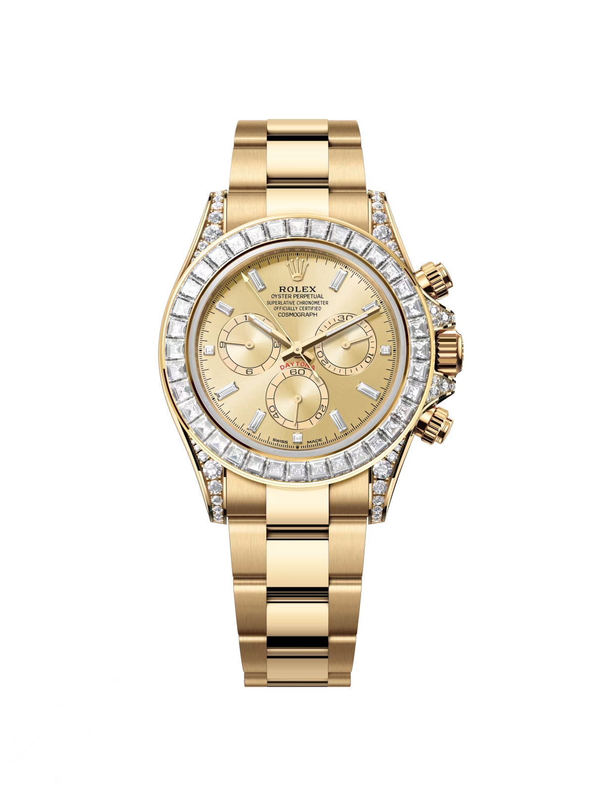 [Super Clone]Rolex Cosmograph Daytona 40mm Yellow Gold Diamond Baguette Champagne Dial Diamond Bezel - 126598TBR