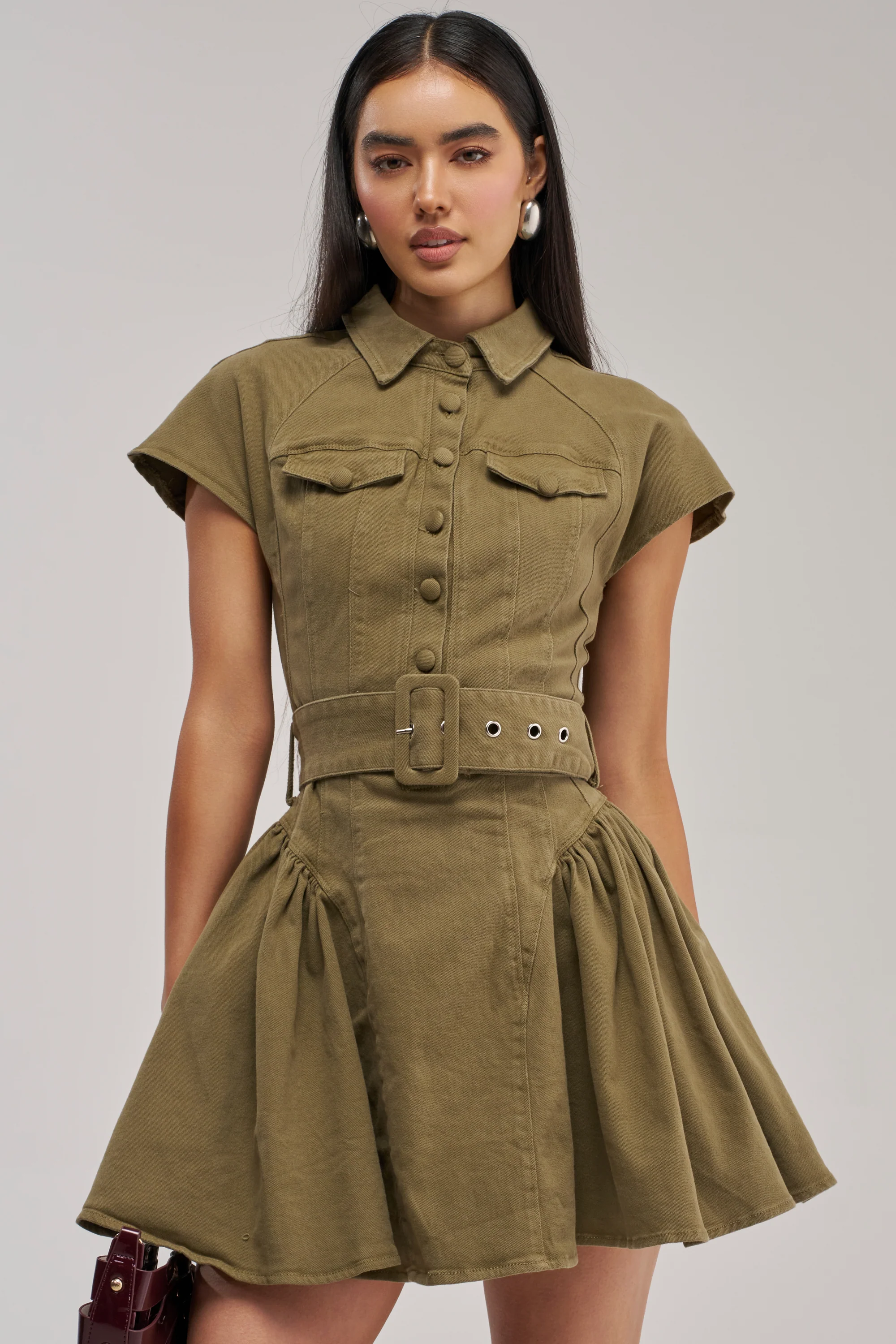 SADIE BUTTON UP MINI DRESS IN OLIVE DENIM - Akira Store