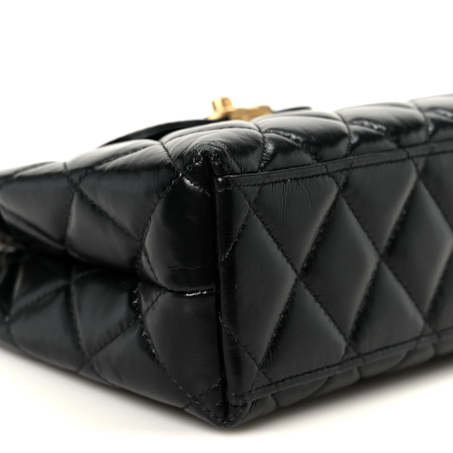Shiny Aged Calfskin Quilted Nano Kelly Shopper Black