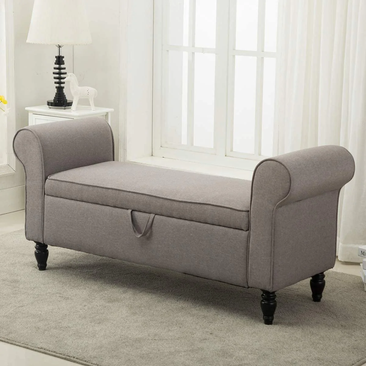 Storage Bench with Arms Upholstered Bench Settee for Bedroom Living Room Gray(Gray) Image 5