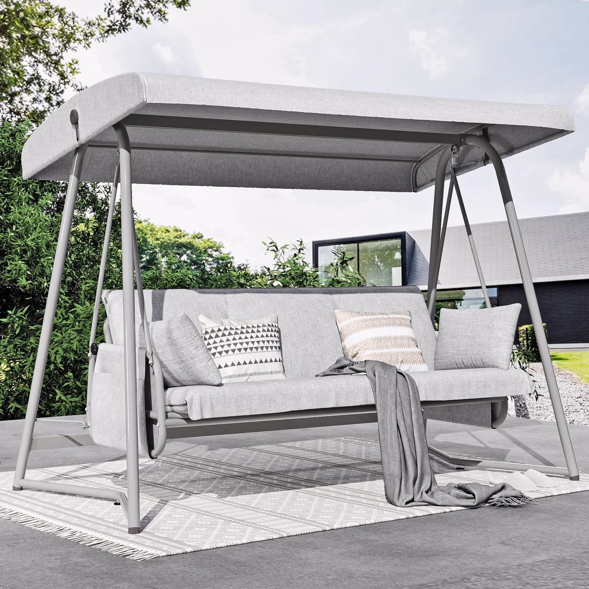 TQKVIPI Oversized 4 Person Outdoor Porch Swing with Adjustable Backrest Canopy,2-in-1 Swing Bed 800 lbs Capacity,Patio Swing with Removable Cushions for Yard Garden Poolside Balcony