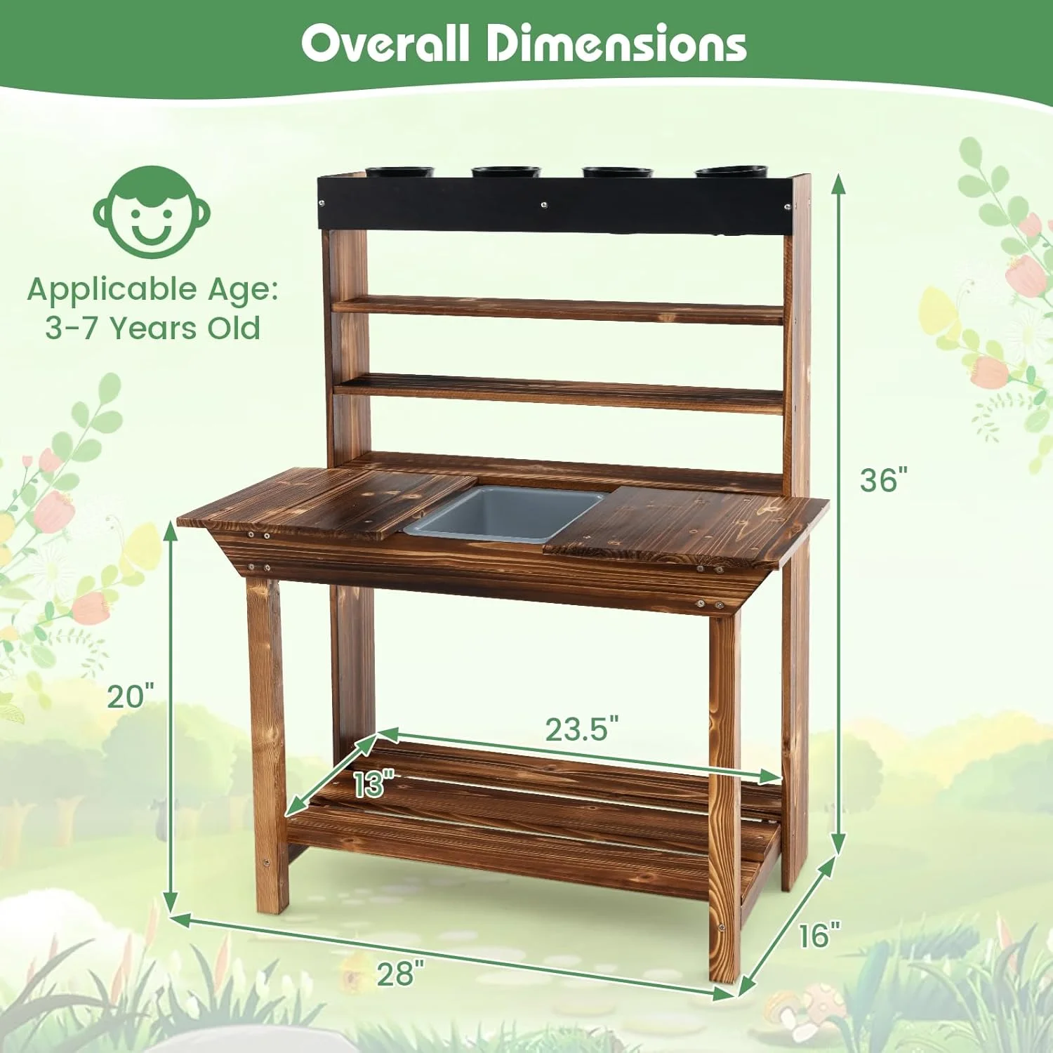 Kids Potting Bench, Fir Wood Outdoor Mud Table with Removable Sink, 4 Pots, Chalkboard, Storage Shelves, Garden Kid Kitchen Playset, Mud Kitchen for Kids Outdoor(Potting Bench Style) - Image 7