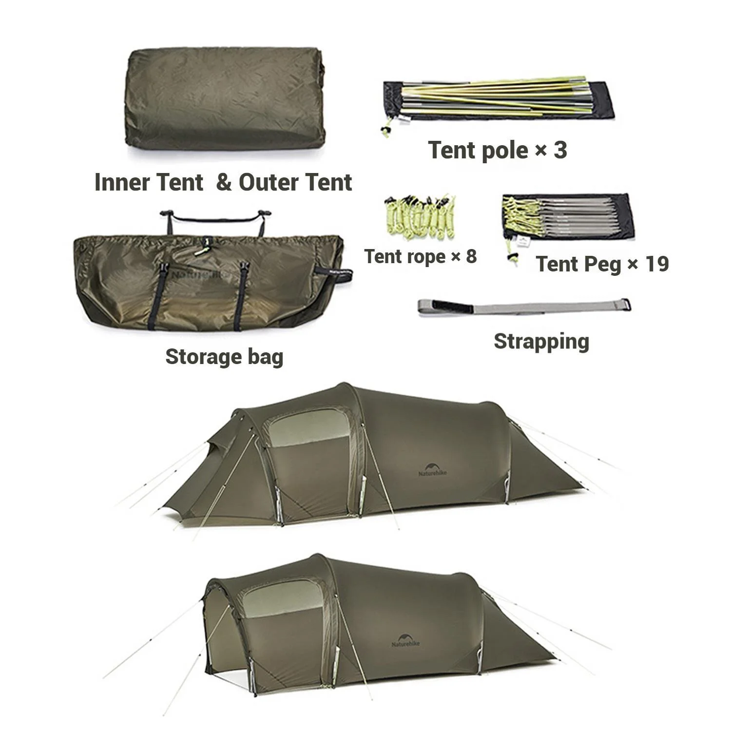 Ultralight Hiking Tent, Tear-resistant Tunnel Tent, Waterproof Camping Tent, Windproof Tent with Hall, 15D Lightweight Silicone-coated Nylon Fabrics,Large size for 2/3 Person.(Olive Green: 2-person) - Image 8