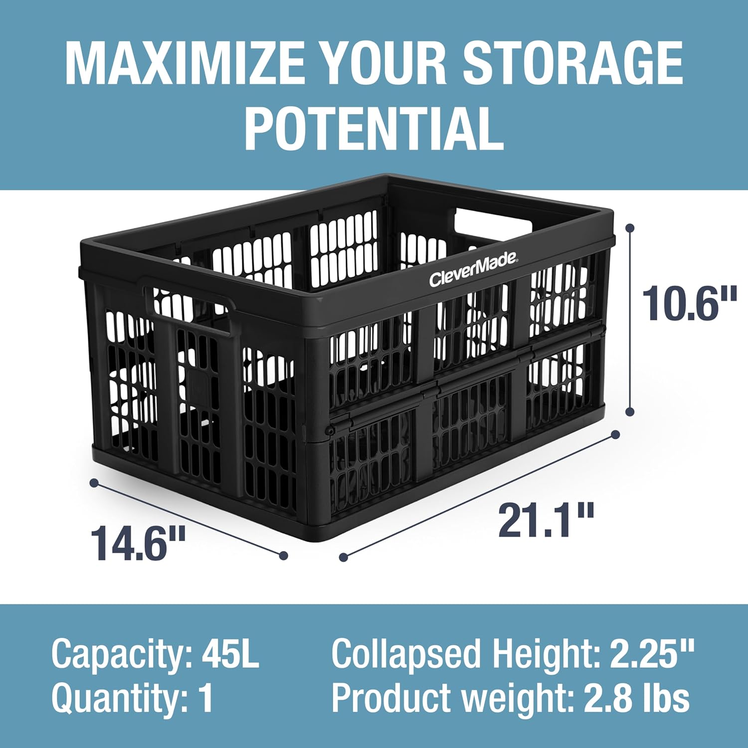 CleverMade Collapsible Utility Crate (100% Recycled) - 45L - Obsidian