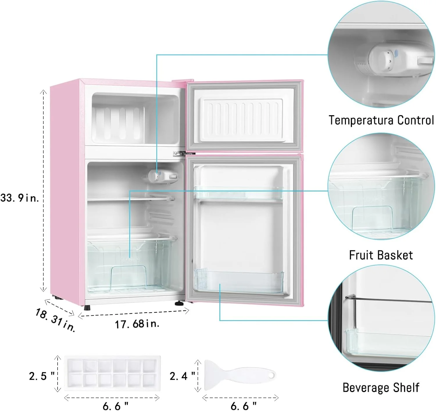 3.2 Cu.Ft Pink Mini Fridge With Freezer, Compact Dorm Refrigerator, 2 Doors for Bedroom, Office, Kitchen, Apartment(Pink) - Image 4