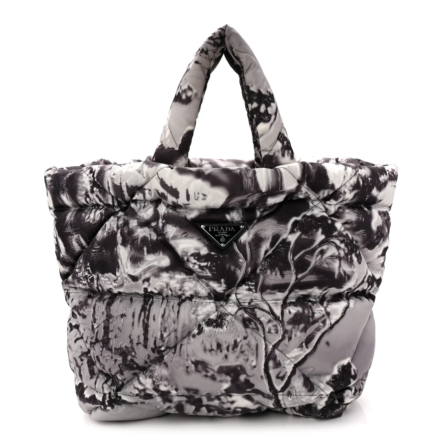 Re-Nylon Padded Printed Medium Tote Bag Black White