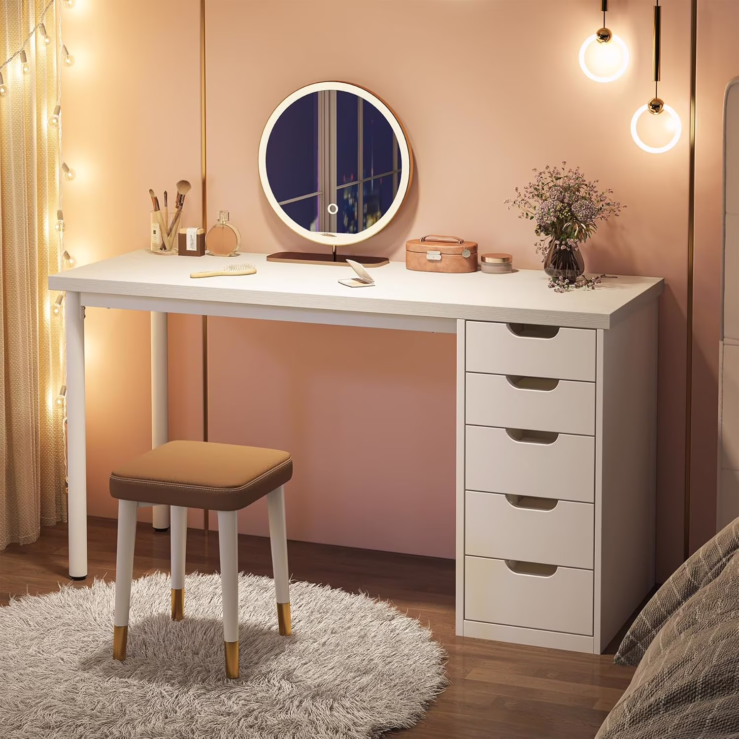 47 inches Vanity Desk with 5 Drawers, Rustic Makeup Dressing Table with Storage, Modern Simple Computer Desk for Women, Girls (Brown)(Brown) - Image 3