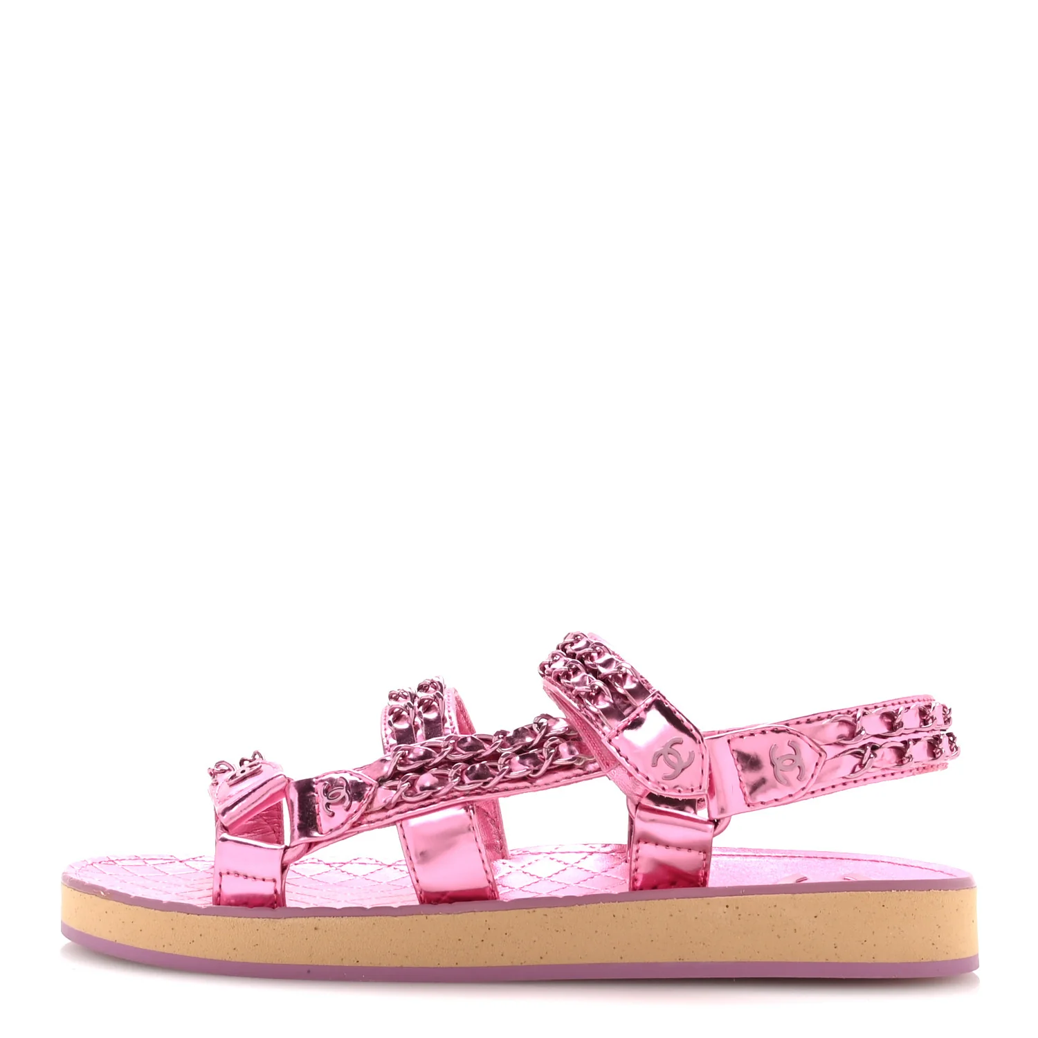 Metallic Laminated Goatskin Chain Flat Sandals 37.5 Pink
