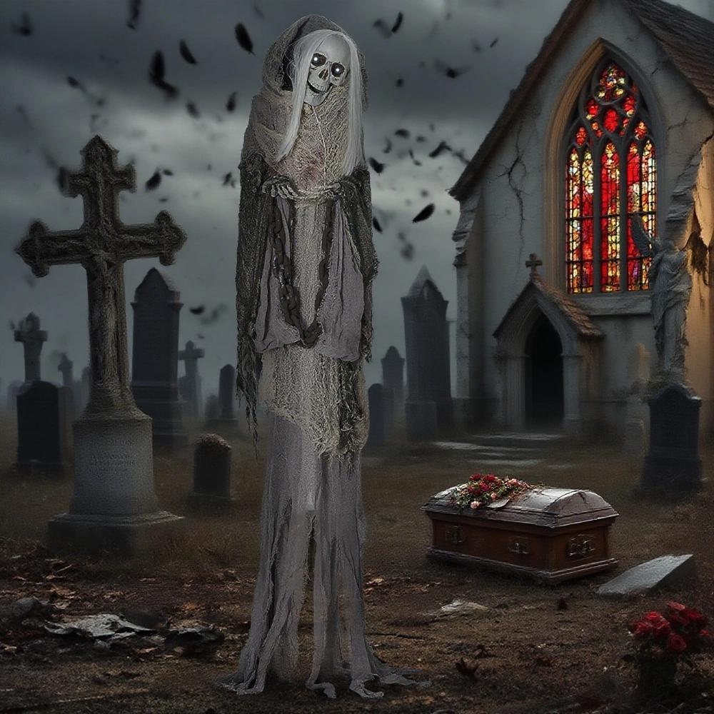 AECOJOY Outdoor Halloween Decorations Skeleton Witch, Sound and Motion Activated Decor