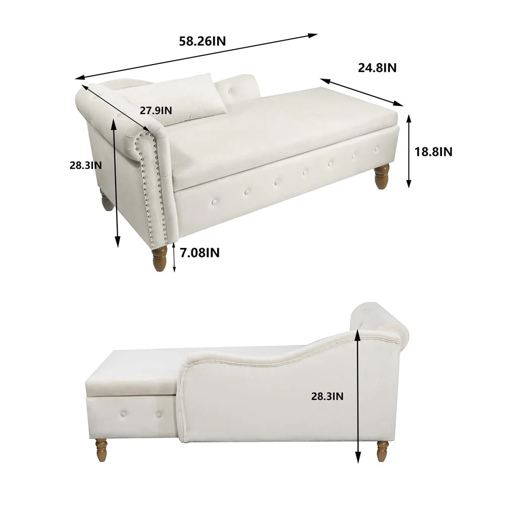 Storage Chaise Lounge, Upholstered Rolled Arm Chase Lounge with Nailhead Trim, Recliner Lounge Chair for Living Room Bedroom(Beige) Image 6