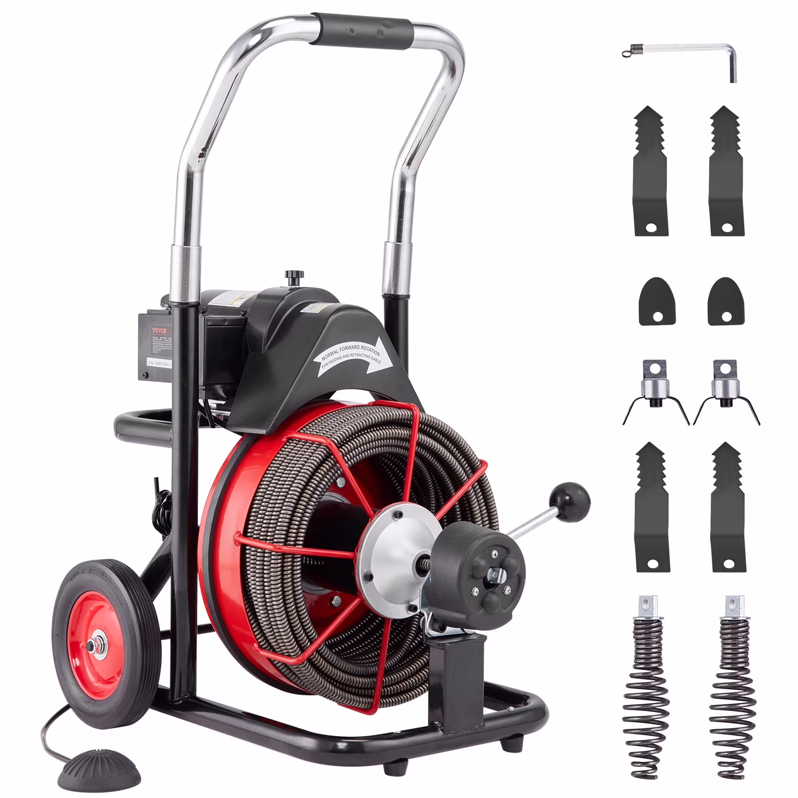 VEVOR Drain Cleaner Machine 100FT x 1/2 in, Auto Feed Sewer Snake Auger on Wheels, 550W Portable Drain Cleaning Machine with 8 Cutters & Air - Activated Foot Switch for 2