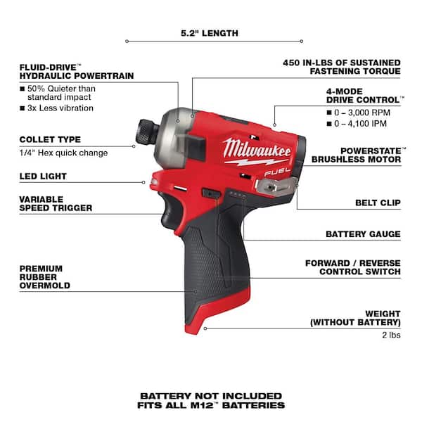 M12 FUEL SURGE 12V Lithium-Ion Brushless Cordless 1/4 in. Hex Impact Driver (Tool-Only) - Image 2