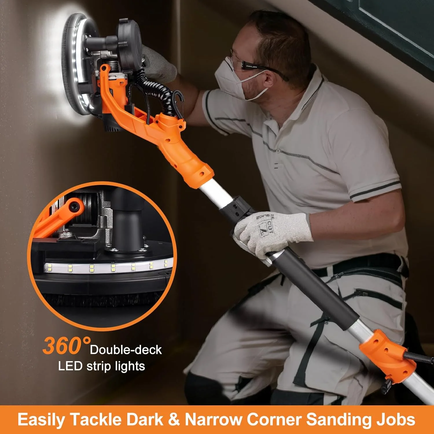 Drywall Sander, 1000W Popcorn Ceiling Removal Tool, Automatic Drywall Sander with Vacuum Dust Collection, LED Light, 6 Variable Speed 800-2200RPM,15Pcs Sanding Discs, Foldable Extendable Handle - Image 4