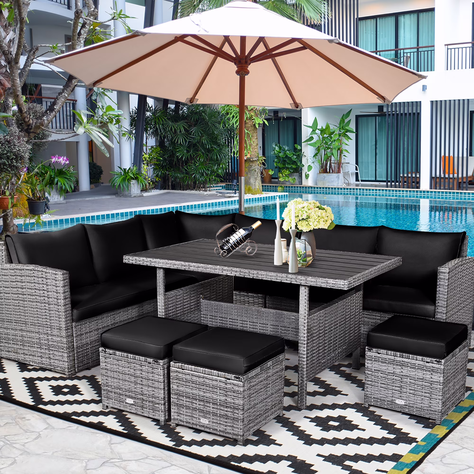 Costway 7 PCS Patio Rattan Dining Set Sectional Sofa Couch Ottoman Garden Red