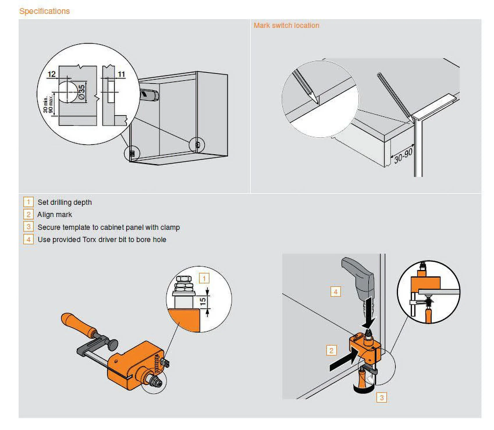 Blum M31.2000 Servo-Drive Switch Boring Template - Orange