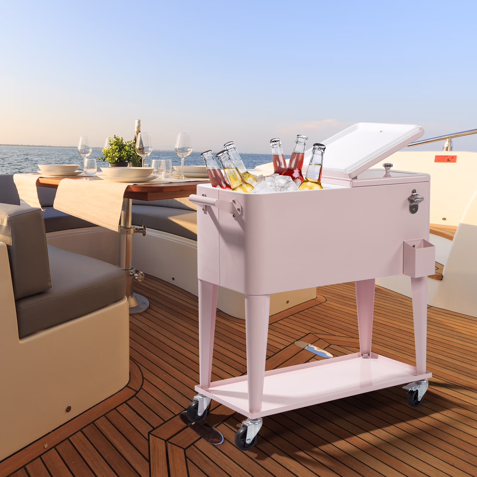 Rolling Cooler 80QT Frozen Warm Function with Shelf Pink