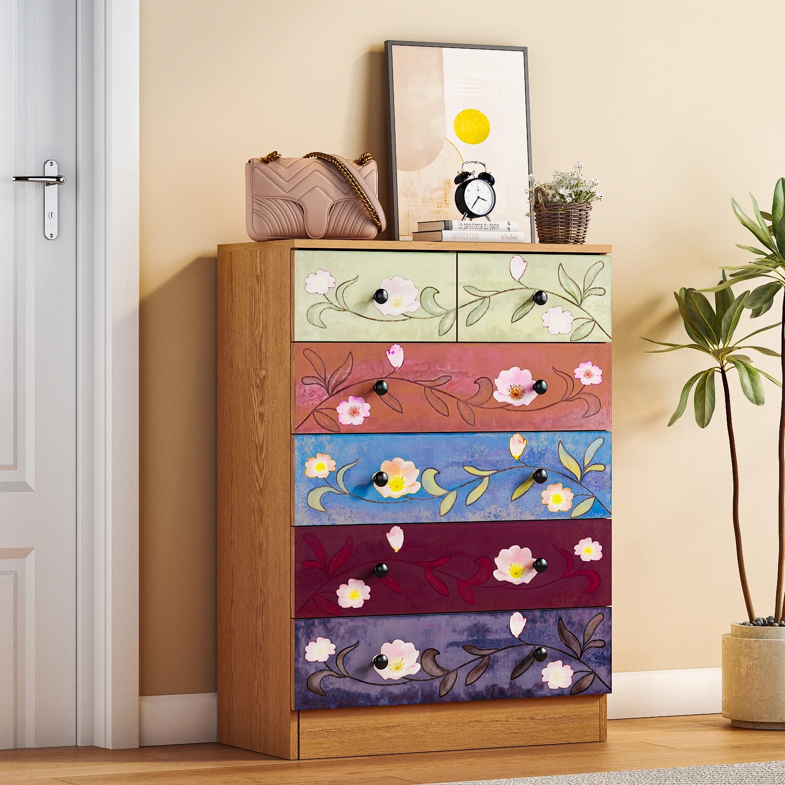 Wood 6 Drawer Dresser Organizer for Bedroom Storage Tower for Entryway Hallway Closet, Tall Chest Organizer Unit with Wood Bins, Floral Painted Wooden(Brown 5 Layer 6 Drawers) Image 4