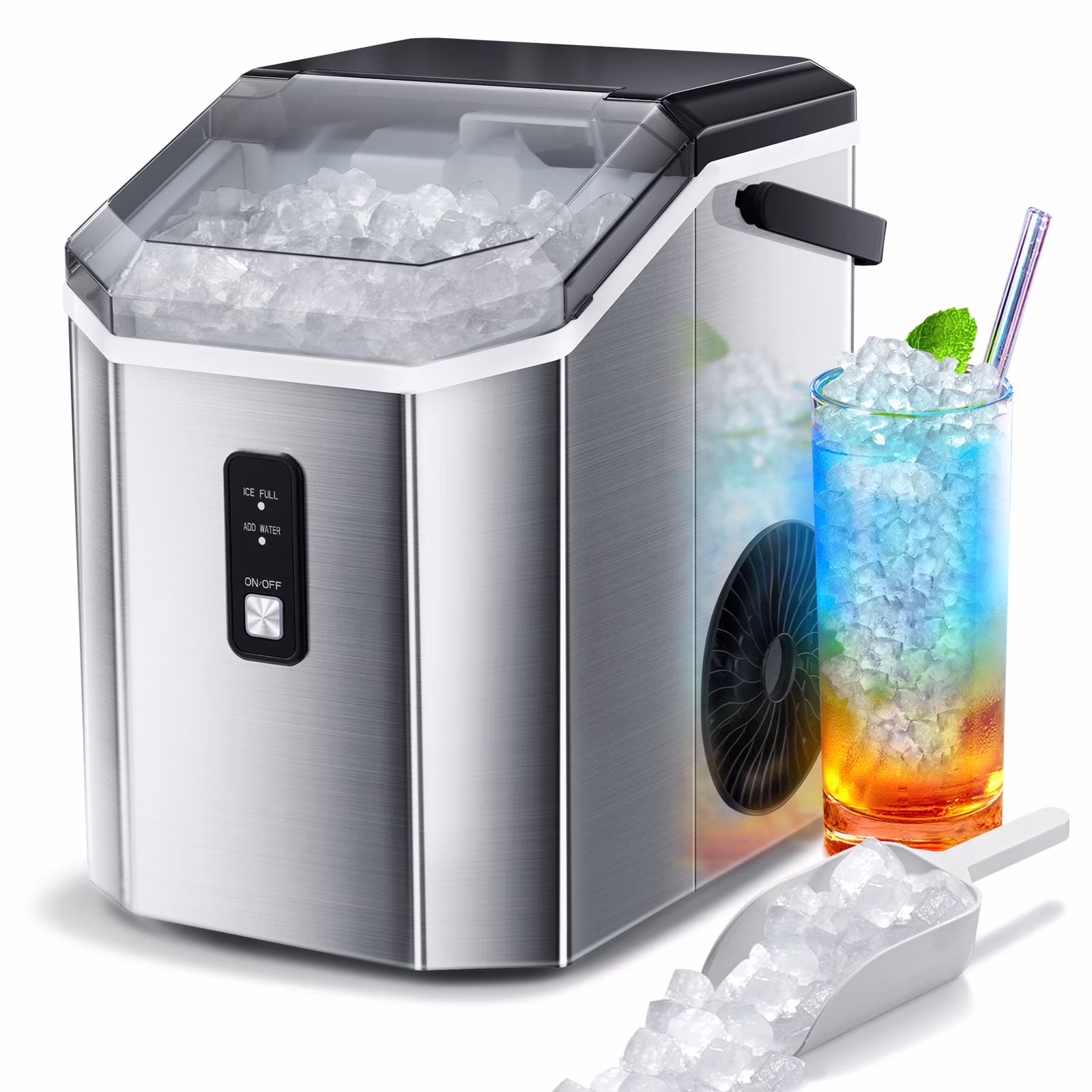SS Nugget Countertop Ice Maker with Soft Chewable Ice, 35Lbs/24H, Self-Cleaning, Ice Scoop, Stainless Steel Silver, for Kitchen/Office/Party(Silver1)