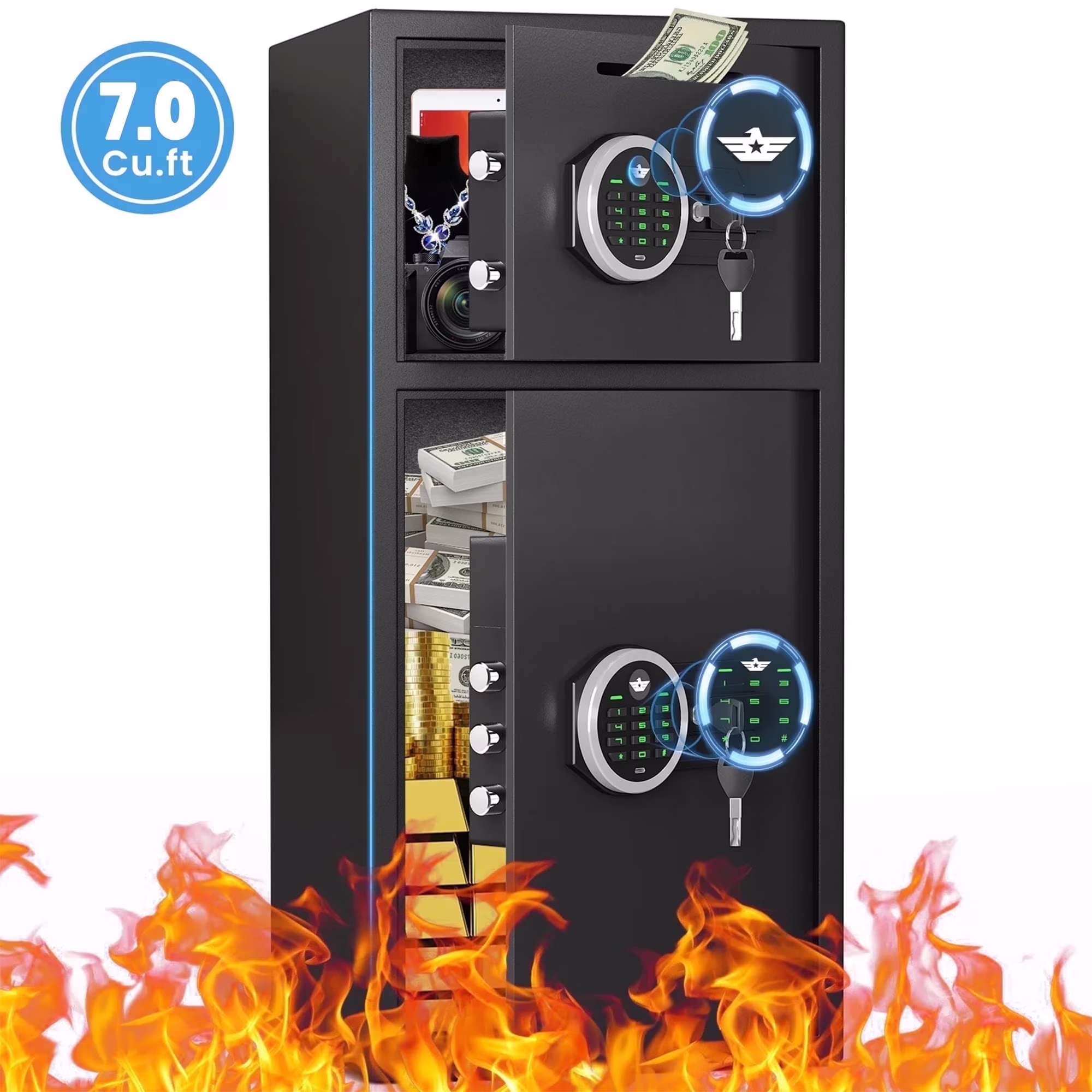 7.0 Cu ft Large Safe Box Fireproof Waterproof, Digital KeypadHome Safe with Deposit Slot Dual Alarm System, Money Safe With Mute Function and LED Light, Security Box for Money Valuables(Multi color)