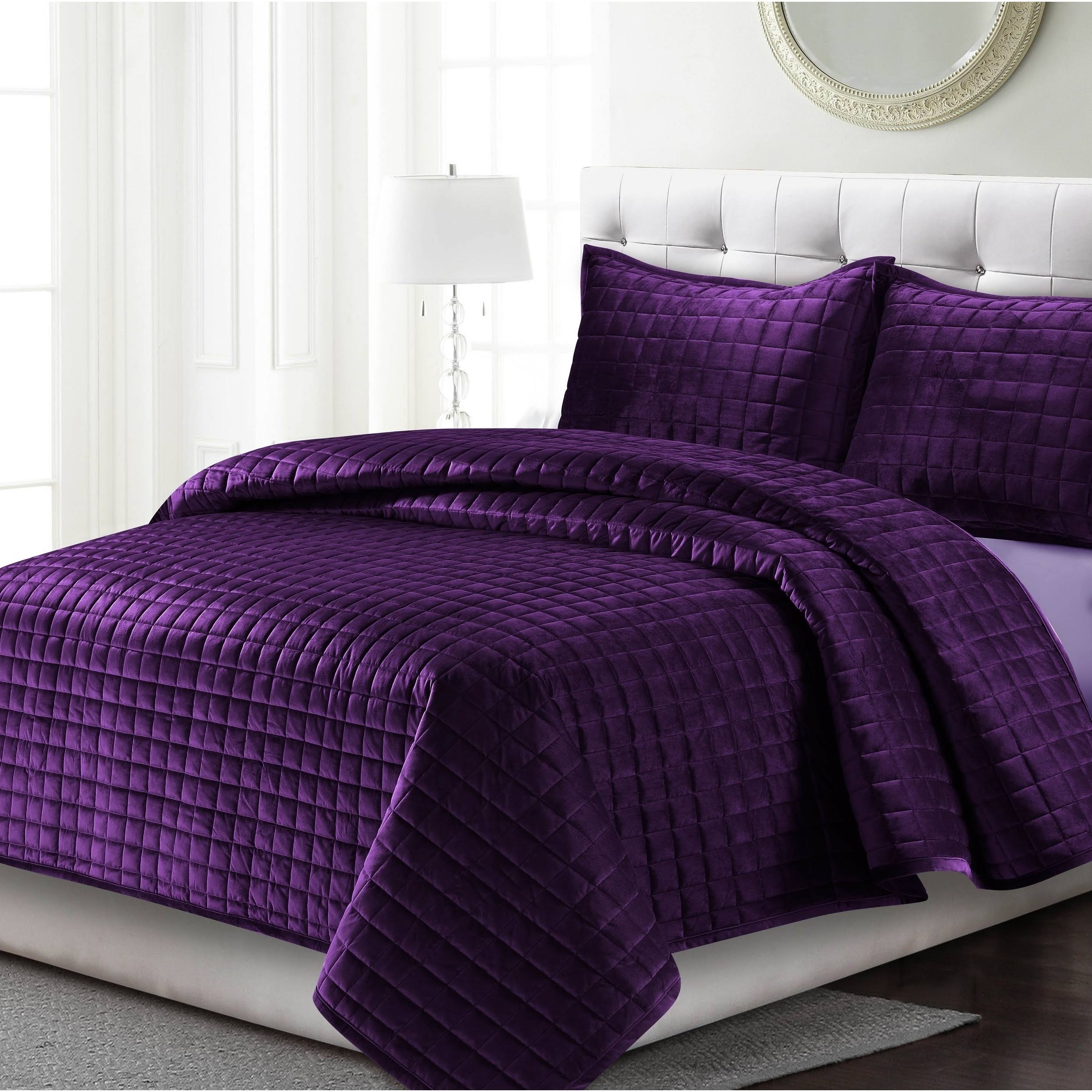 Tribeca Living Florence Velvet Oversized Solid Quilt Set Twin Purple
