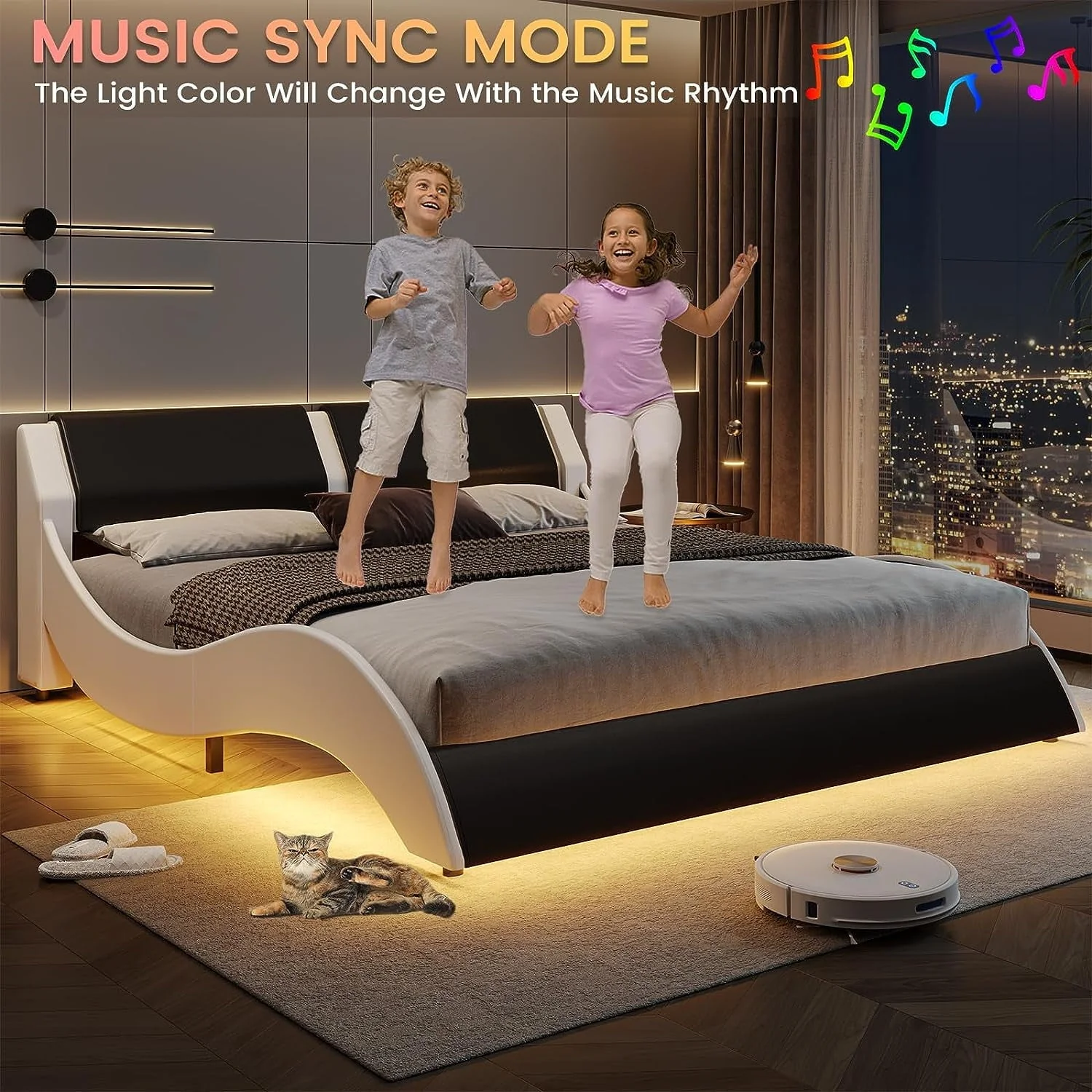 Queen Size Bed Frame with LED Lights,Modern Platform Bed Frame with Upholstered Headboard,Faux Leather Wave Like Low Profile Bed Frame,No Box Spring Needed,Black(Full Black) Image 7