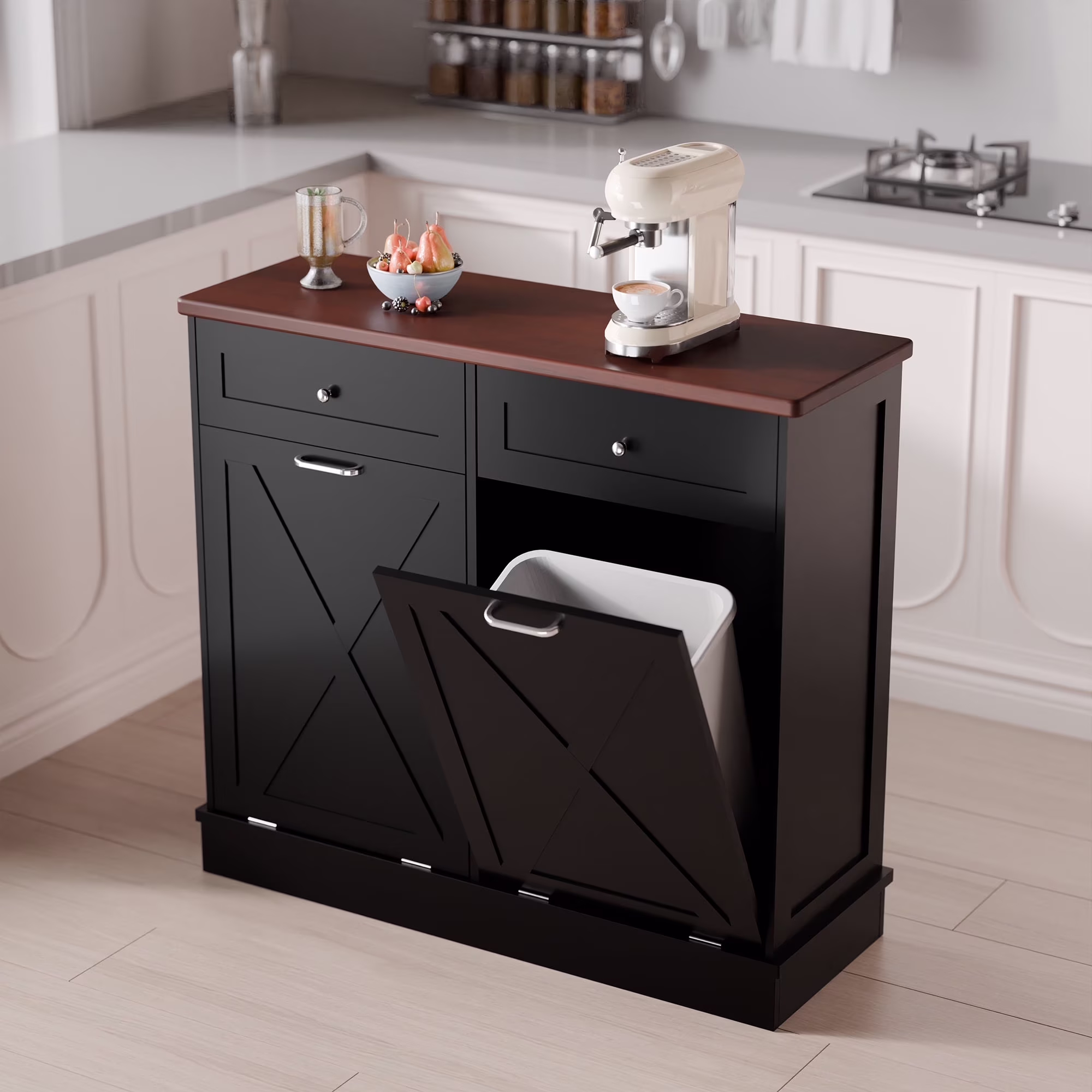 Double Tilt Out Trash Cabinet, Wooden Free Standing Laundry Sorter Cabinet, with Hideaway Drawer, White(White/20 gal) - Image 6