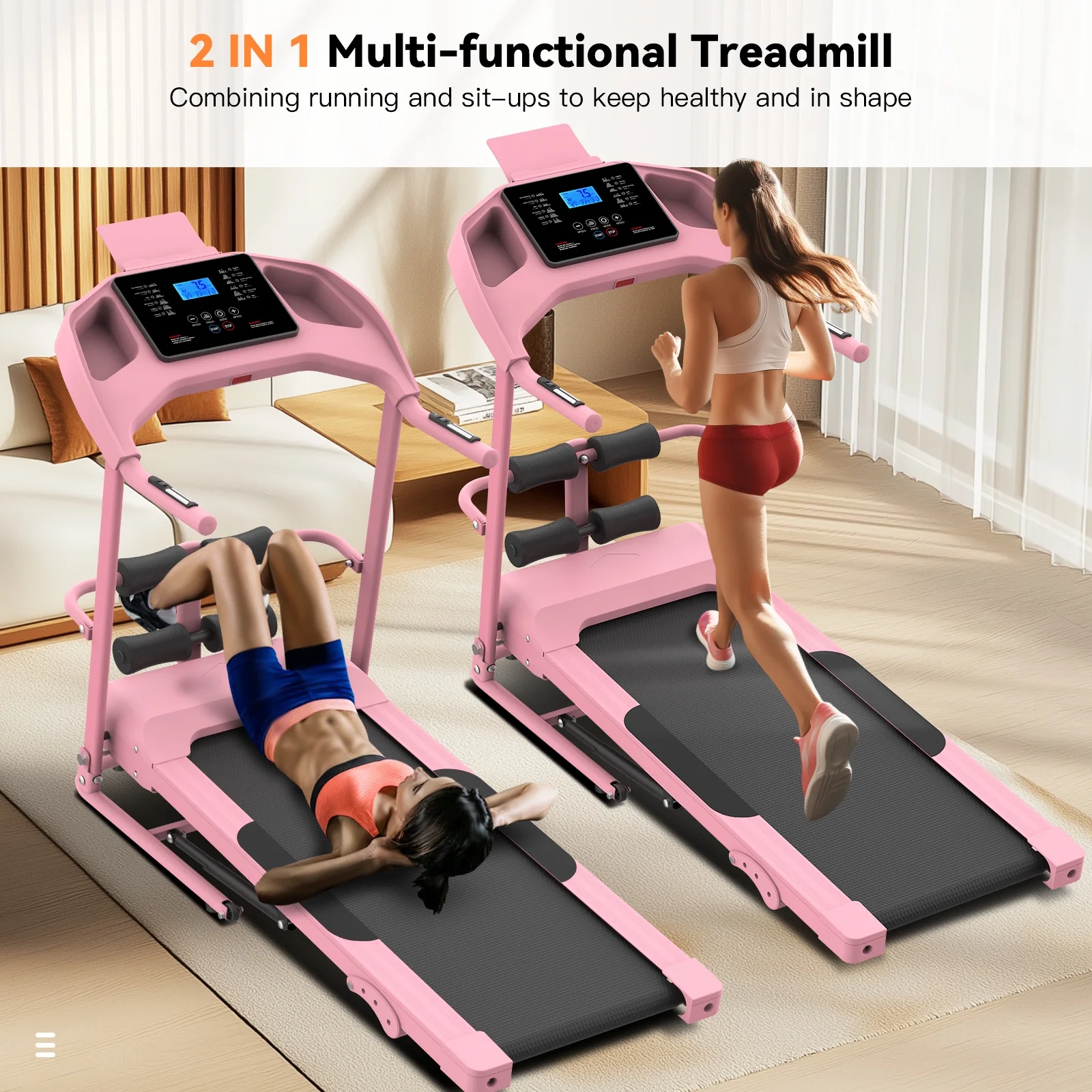 Treadmill with 8% Incline, 3.0 HP Foldable Compact Treadmill with Sit-up Function, 300 lbs Walking Running Treadmill with LCD Display for Exercise, 12 Programs(Pink-Upgraded) - Image 8