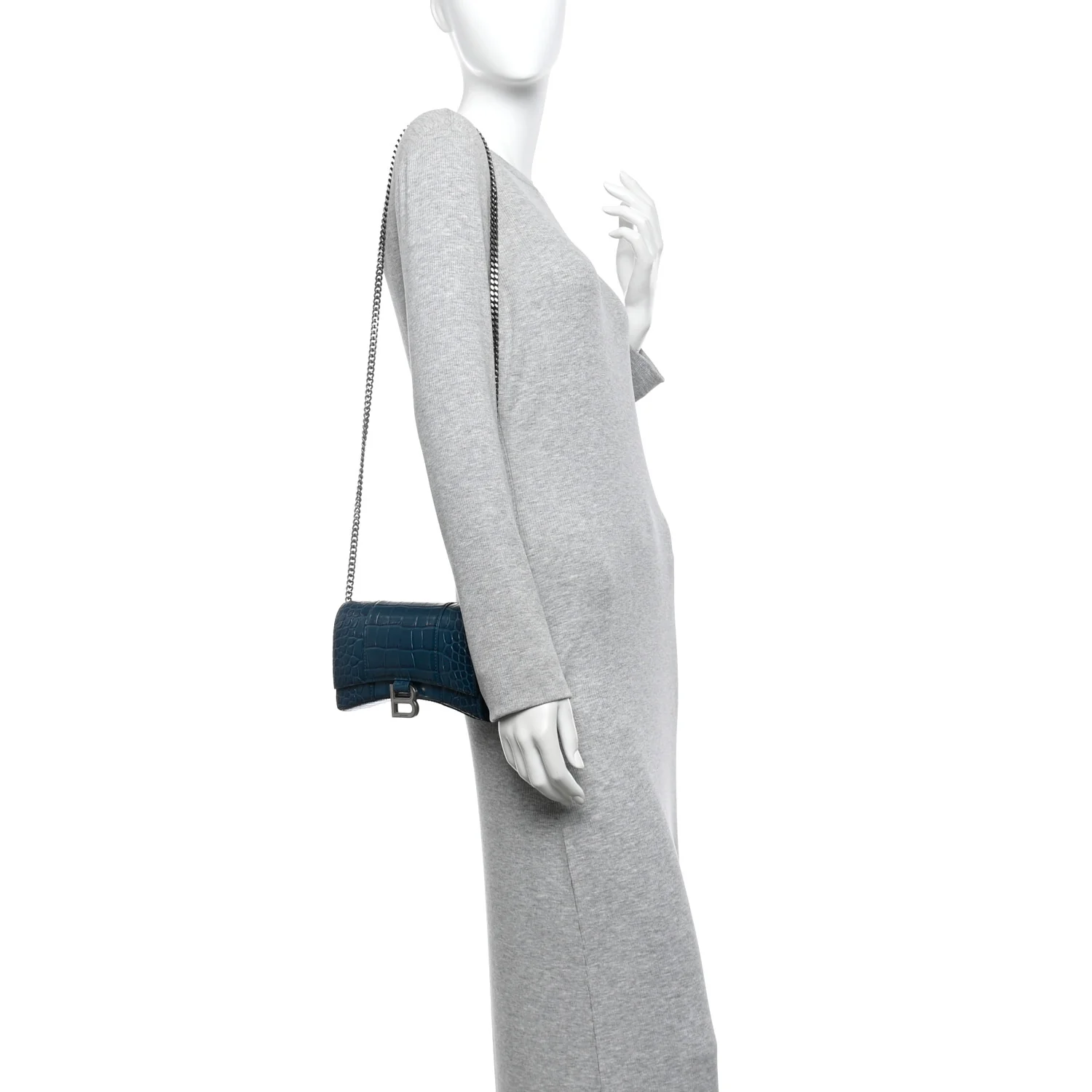 Shiny Calfskin Crocodile Embossed Hourglass Chain Bag Dark Petrol Blue
