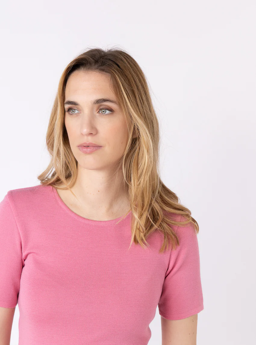Tee-shirt thermique femme en laine merinos rose fard