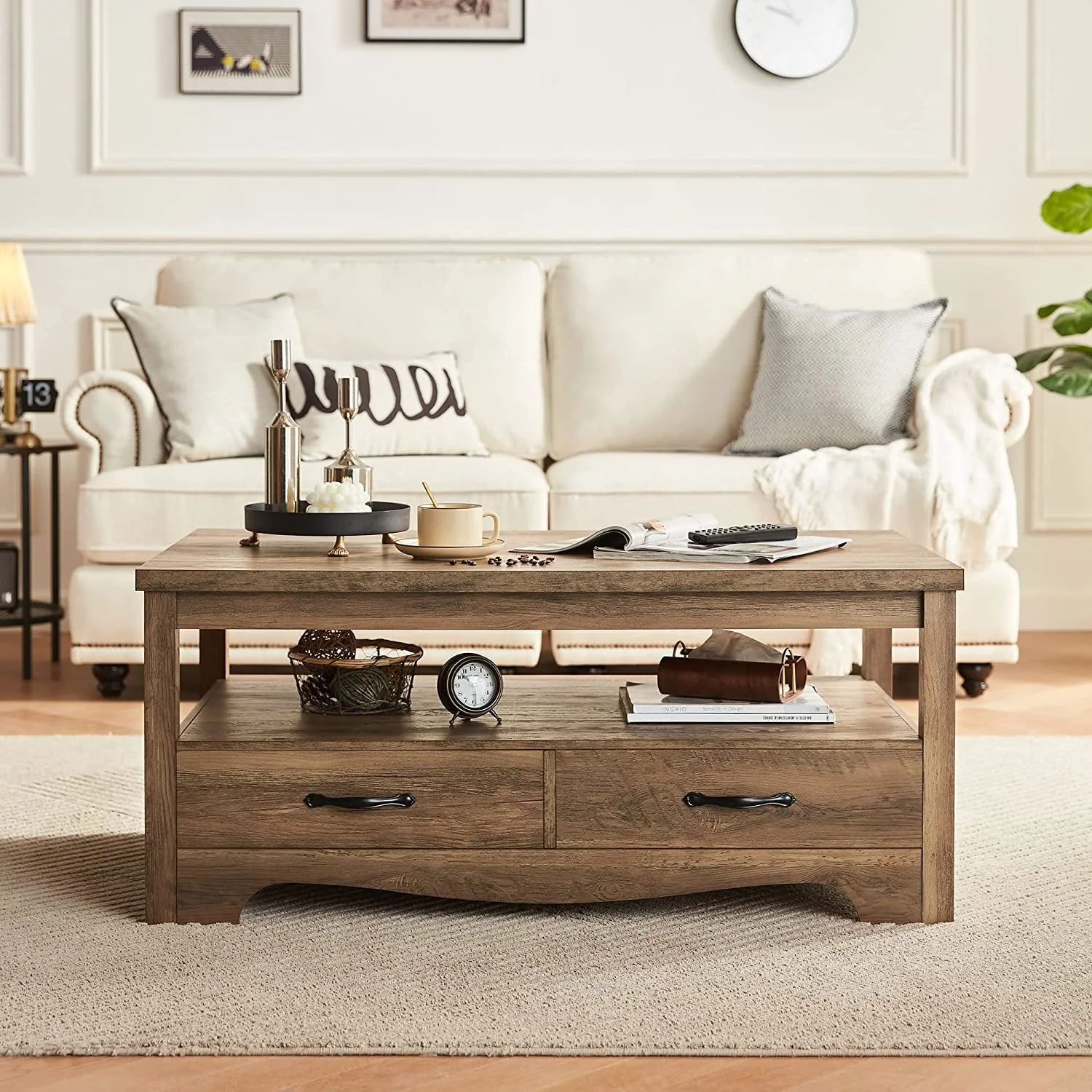 Farmhouse Coffee Table with Storage, Wood Coffee Table for Living Room, Open Display Area and Storage Drawers with Metal Handles, Chic Style with Curved Base, Brown(Black) - Image 9